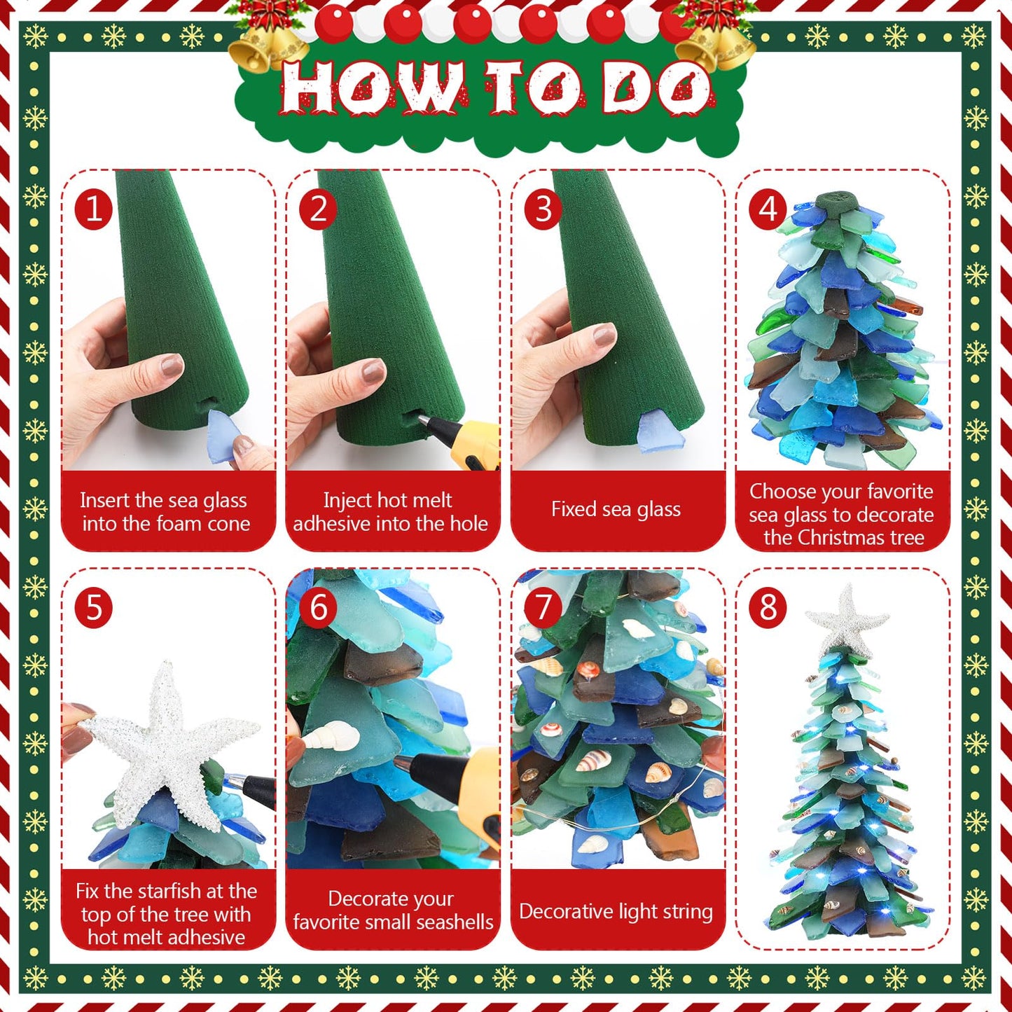 Innconee 2 Pack DIY Sea Glass Christmas Tree Handmade Kit Tabletop Shells Beach Christmas Trees Handcrafted Coastal Xmas Decor for Ocean Birthday Party Table Centerpiece (9.45'' X 3.15'')