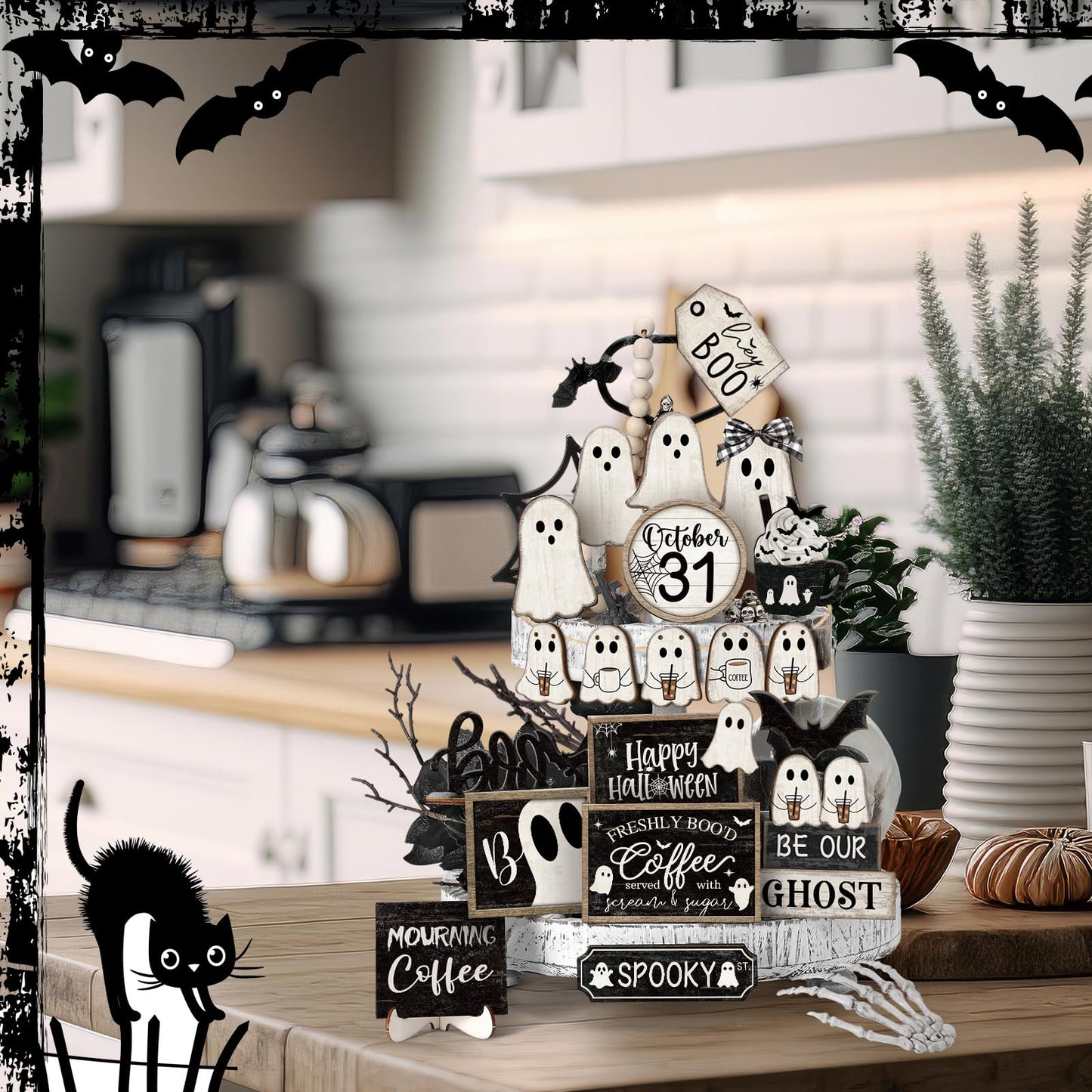 Seeloowy 19 Pcs Halloween Tiered Tray Decor Set Happy Halloween Cut Ghost Boo Wooden Signs Bat Coffee Rustic Table Decorations for Farmhouse Kitchen Shelf Party Supplies