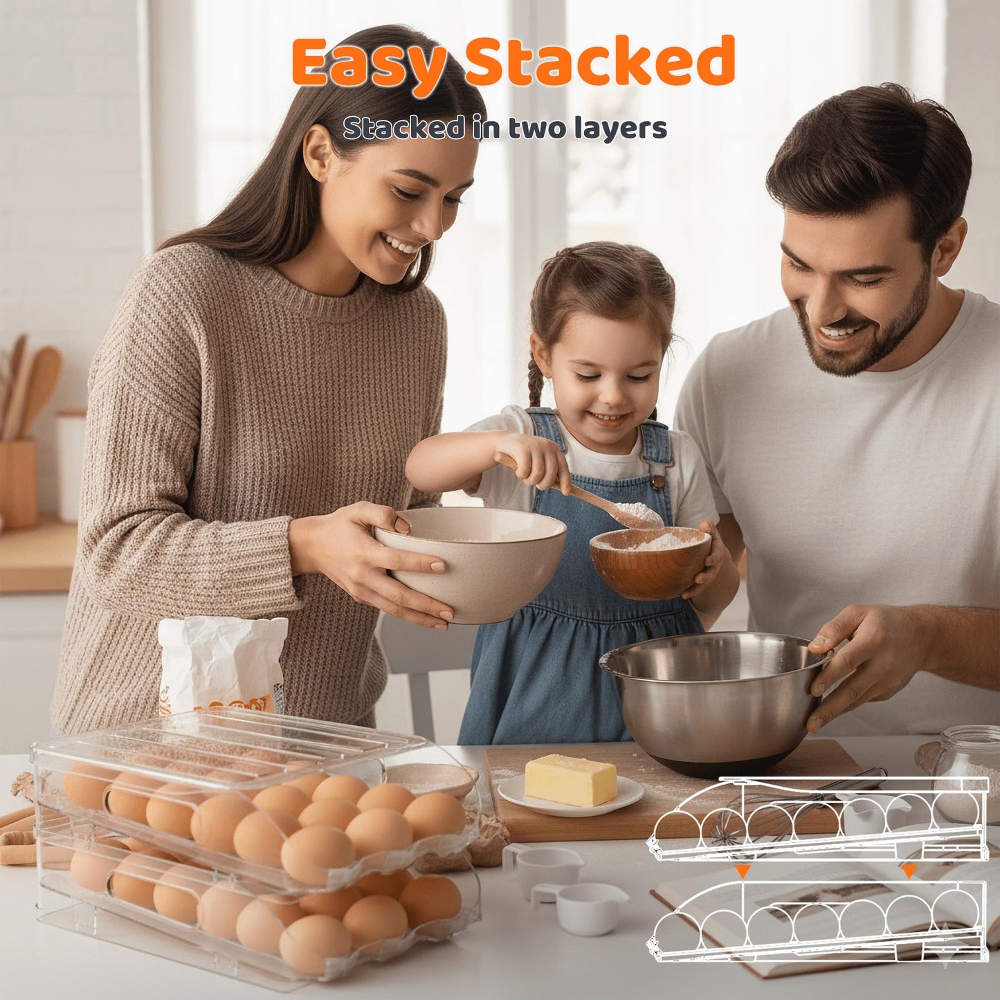 SMRCAD Egg Holder for Fridge, Automatic Steady Rolling Egg Dispenser with Silicone Bumpers & Handle for Refrigerator, Large Capacity Egg Organizer with Lid