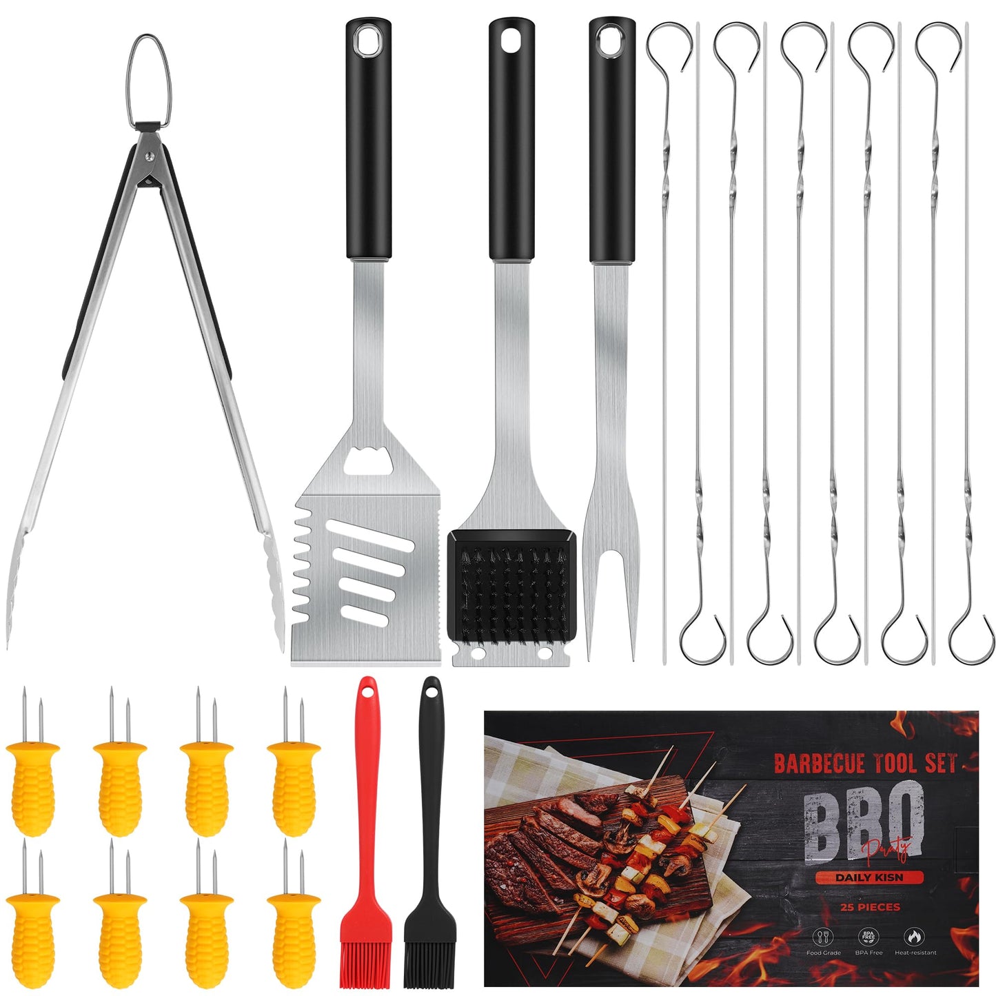 Grill Accessories Kit, Grill Tool Set with 4-in-1 BBQ Spatula, Fork, Tongs, Cleaner Brush, Skewers, Silicone Corn Holders, Silicone Brush, Grilling Gift Set for Men and Women