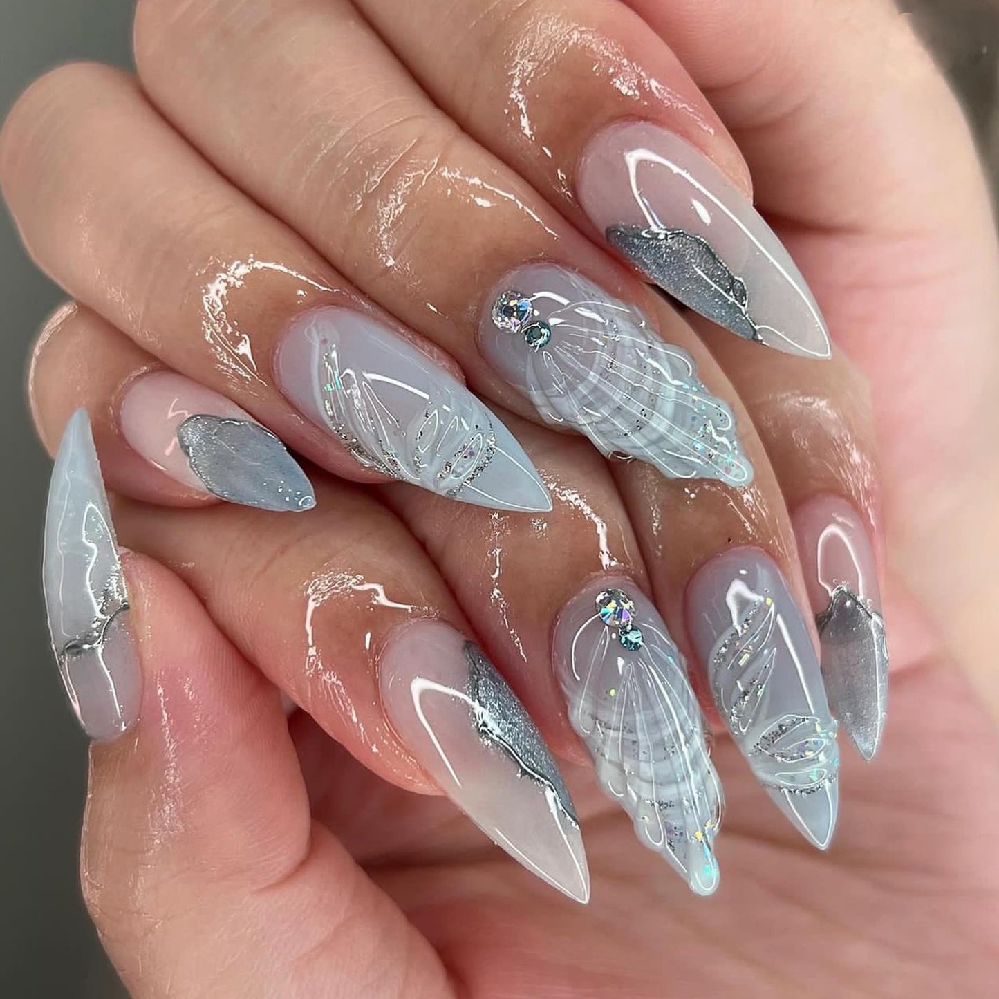 3D Shell Press On Nails – 24PCS Medium Almond White Iridescent Fake Nails with Rhinestones, Silver Chrome Mermaid Gel Design, Reusable Glossy Stick On Nails for Women