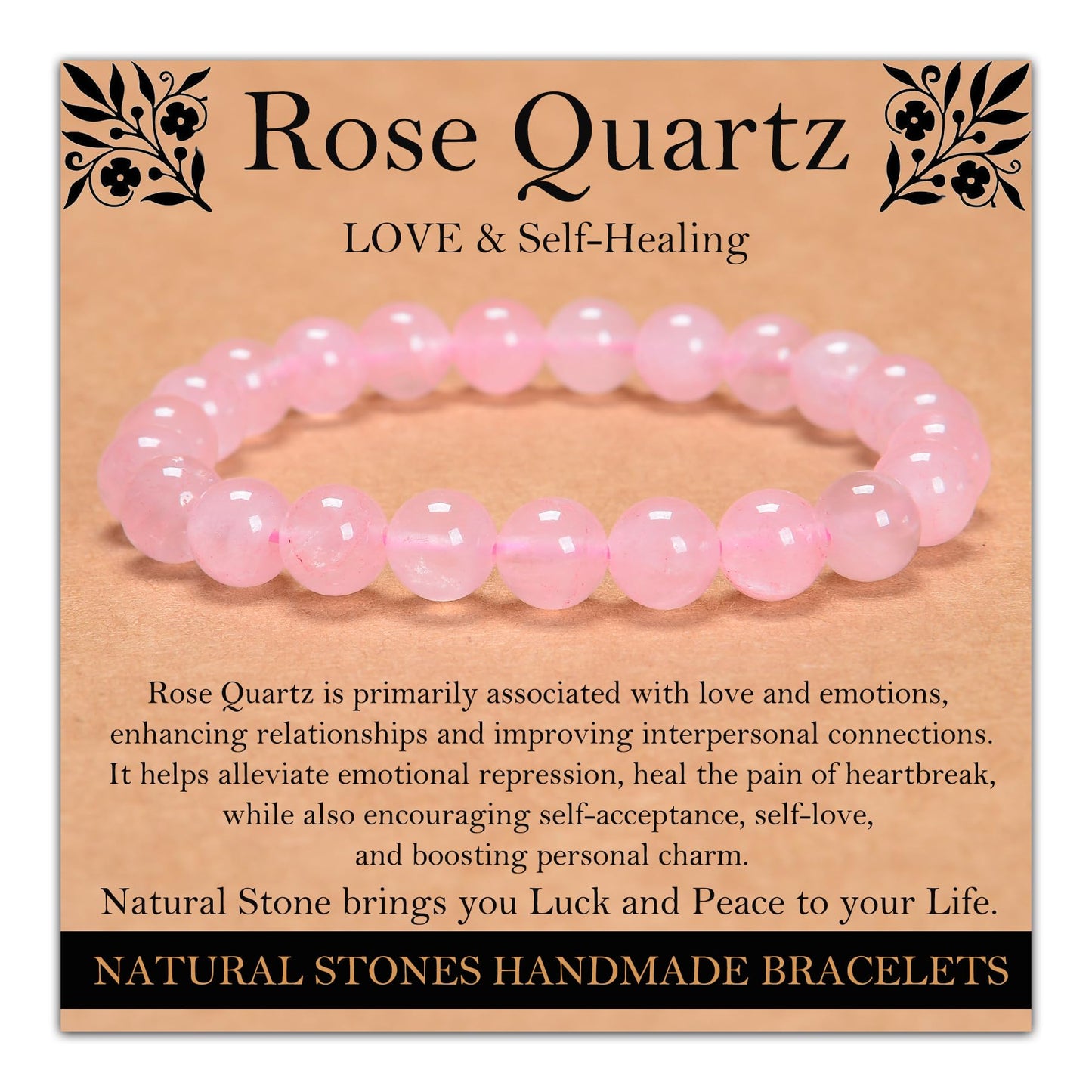 Handmade Natural Gemstone Elastic Bracelet - Healing Crystal Beads Jewelry, Unisex (Rose Quartz, 8mm)