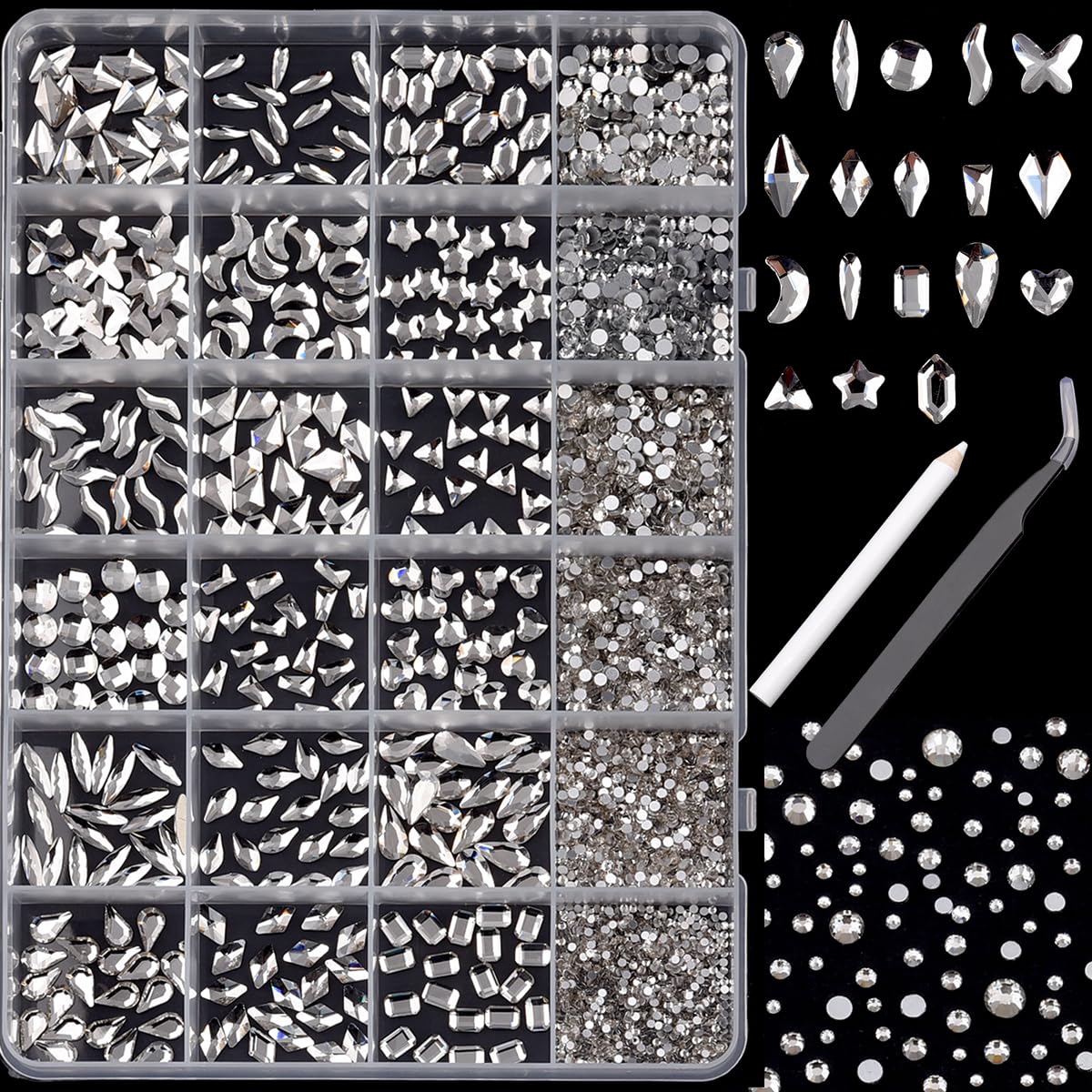 TEEKME 24-Grid Glass Nail Rhinestones Kit for Nail Art & Salon, 2800+pcs Clear Flat Back Crystals, 18 Shapes & 6 Sizes Diamonds for DIY, Acrylic & Gel Nails, with Tweezers