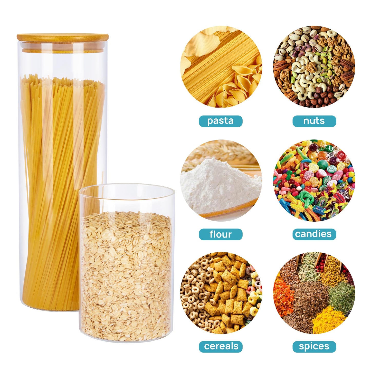 Vtopmart Glass Food Storage Jars, 7 Pack Kitchen Containers with Airtight Bamboo Wooden Lids for Pasta, Cookies, Nuts, Coffee Beans, Cereal, Canisters Set for Flour, Pantry Organization, BPA Free