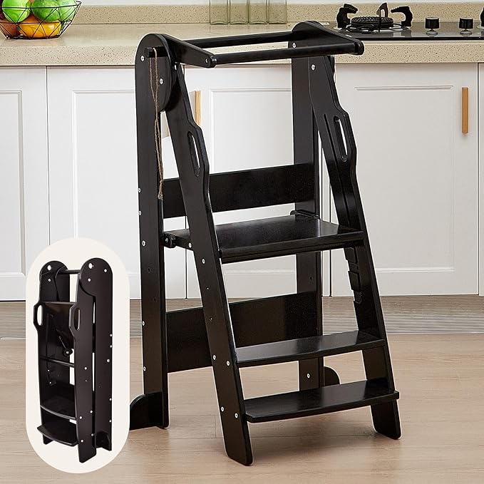 FUNLIO Foldable Kitchen Step Stool for Kids 2-6 Years, Montessori Step Stool, 3-Level Height Adjustable Standing Tower, Easy to Assemble, CPC & CE,Black