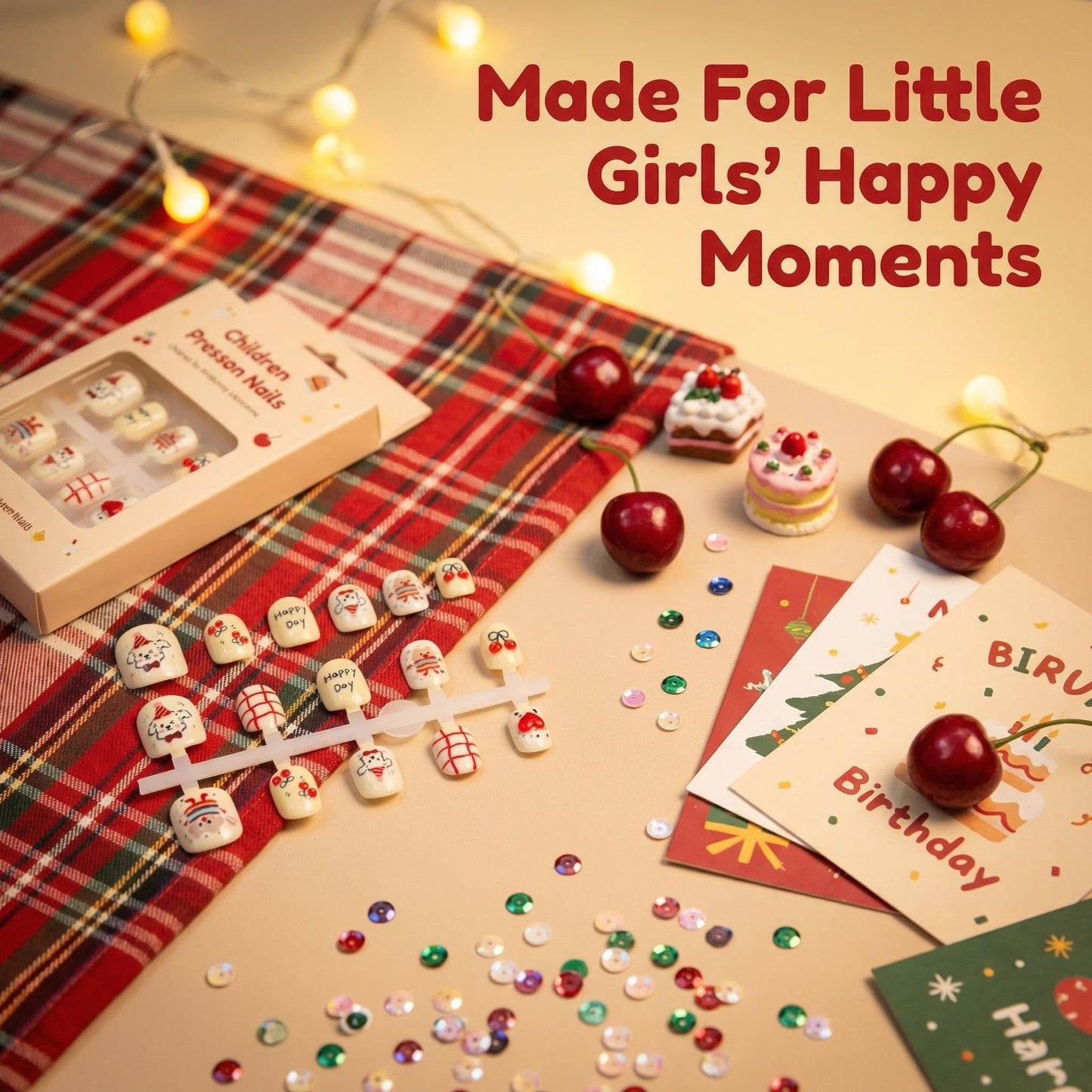Kids Press On Nails, Happy Day Party Design, Cute Birthday Nails for Girls, Red Cherry Cake Style, 24pcs