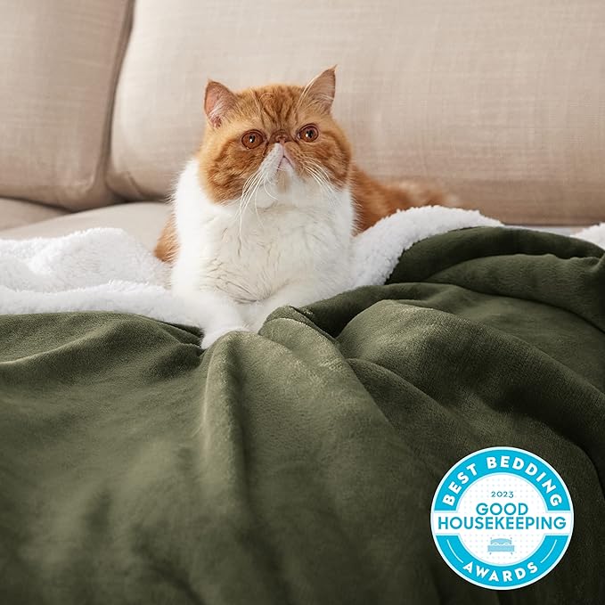 Bedsure Sherpa Fleece Blankets King Size for Bed - Thick and Warm, Soft Fuzzy Plush King Blanket for Winter, Olive Green, 108x90 Inches