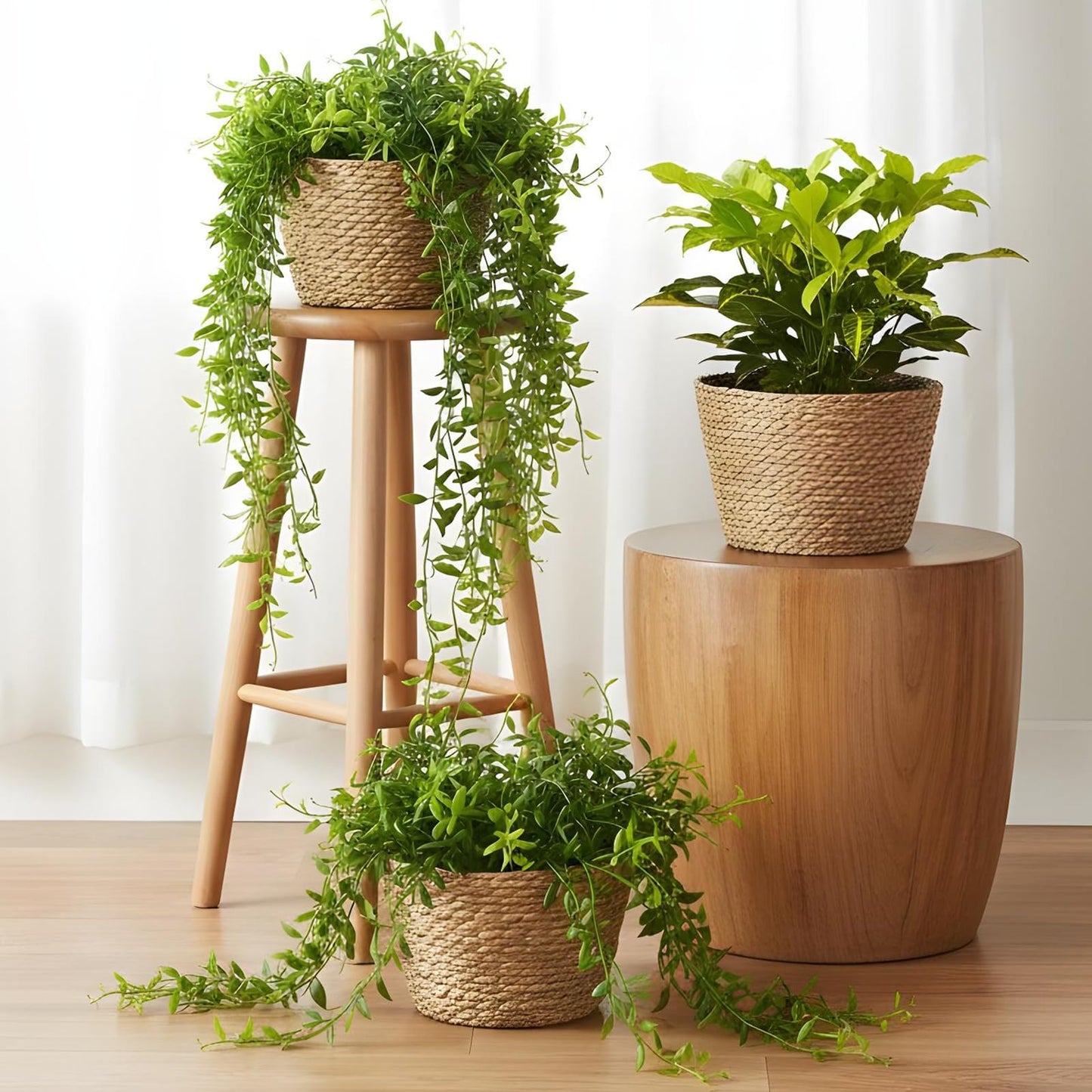 simarro 3 Pack Seagrass Planter Basket, 3 Sizes Stylish Plant Containers Flower Pots with Plastic Lining Woven Baskets for Plants Indoor and Outdoor