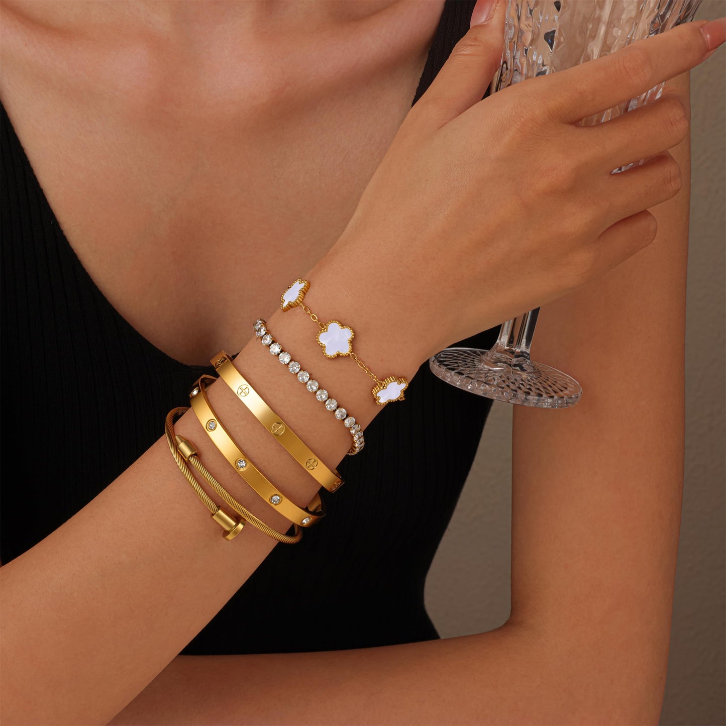 RIVOWMKI 18K Gold Plated Bracelet Set for Women, Sparkling CZ Bangle Adjustable Tennis Bracelet, Stackable Clover Jewelry, Non Tarnish Non Fade Long Lasting Shine for Client Meeting Afternoon Tea