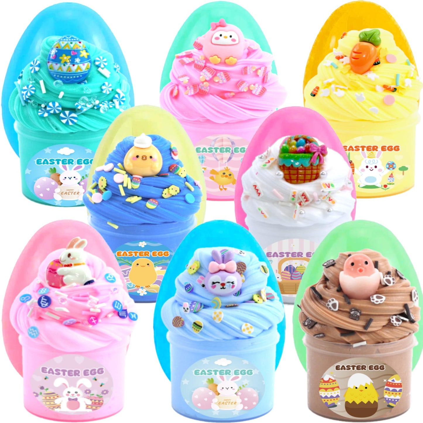 KUALUDJIT 8Pack Butter Slime kit for Kids,Easter Basket Stuffers Party Favors Stretchy and Non-Sticky, Sensory Play Kit and Easter Basket Fillers Slime and Charms - Prefilled Eggs