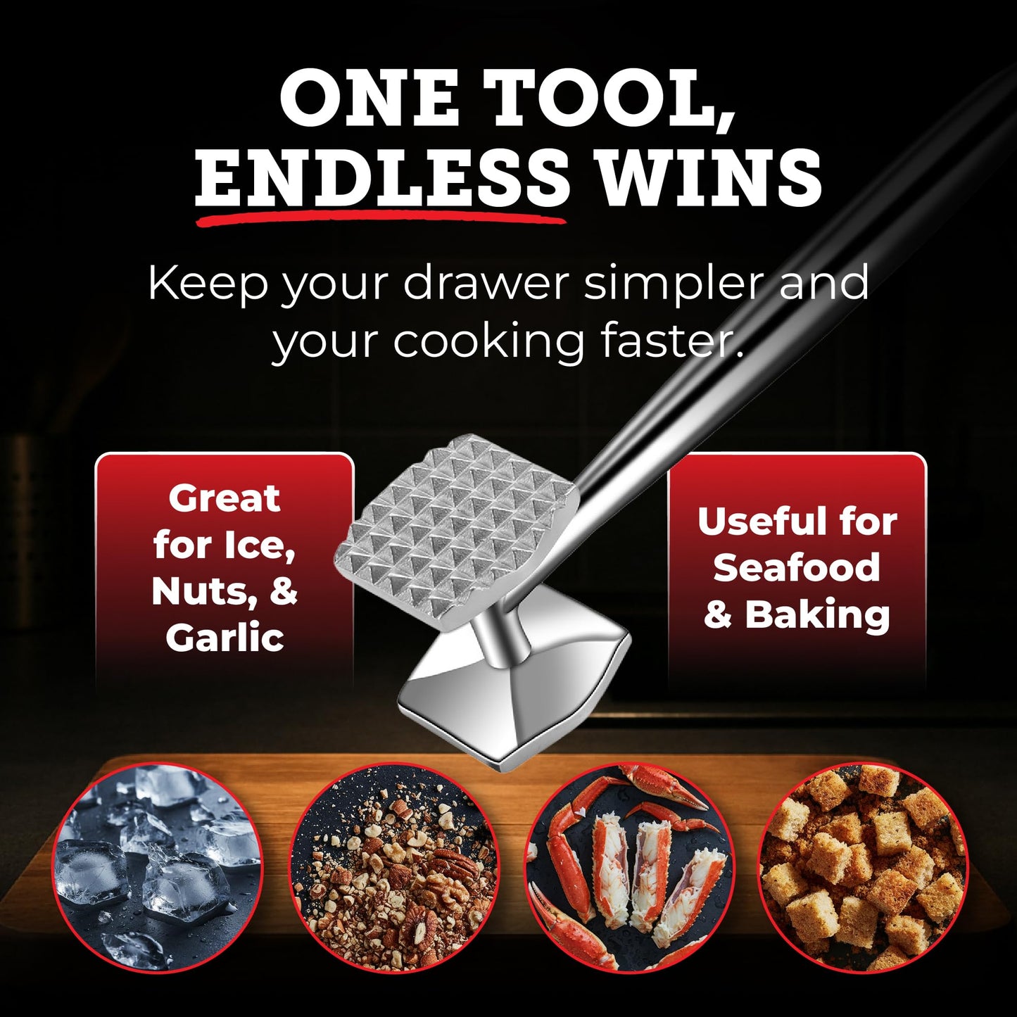 Lightyear Meat Hammer 304 Stainless Steel Meat Tenderizer Tool, Kitchen Mallet for Cooking, Ice Cracking, Shellfish Prep, Crush Spices and Nuts with Ease - All Metal Food Hammer for Daily Use