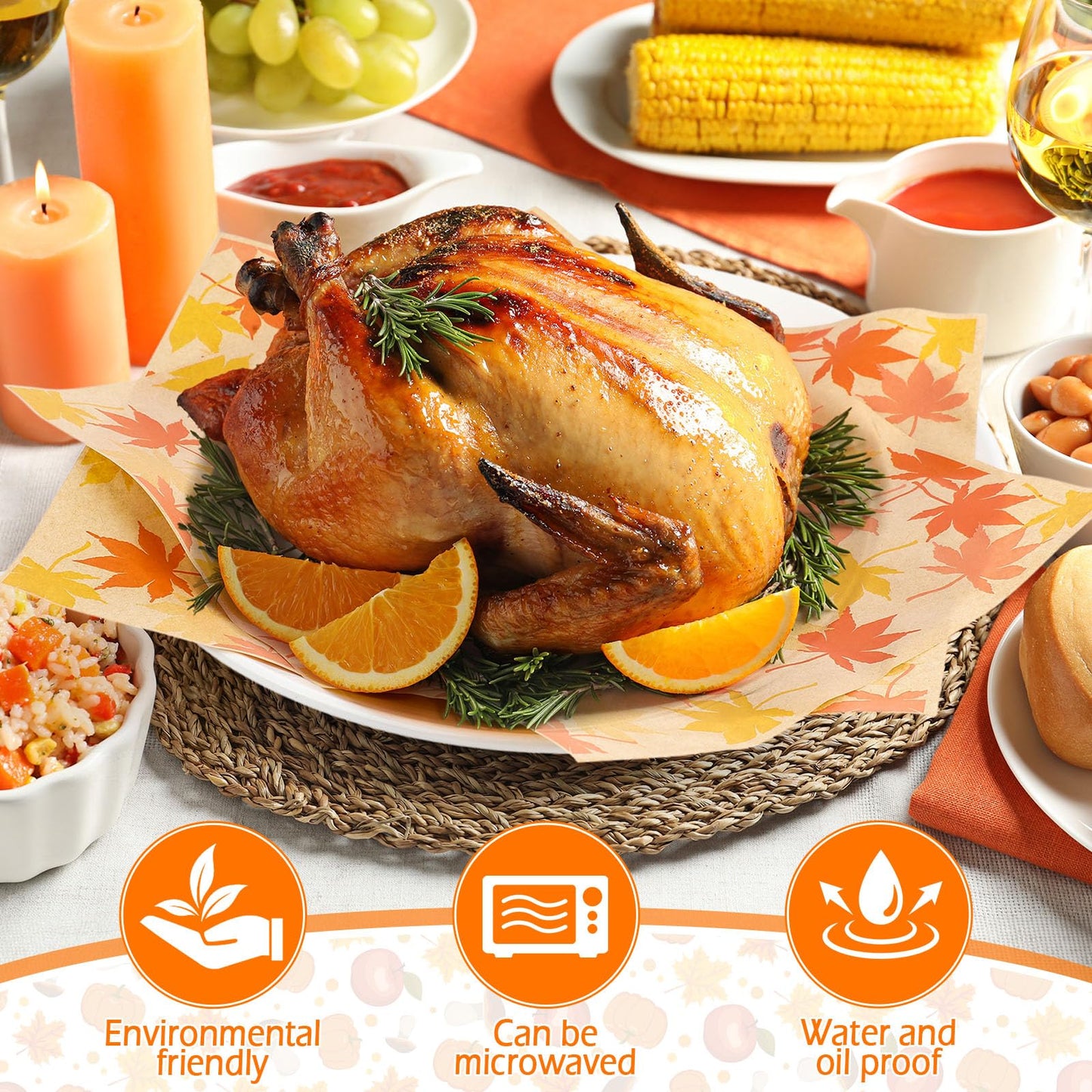 Tenare 150 Pieces Autumn Fall Wax Paper Sheets Food Wrap Grease Resistant Liners Thanksgiving Theme Waterproof Wrapping Tissue Food Picnic Paper for Kitchen(Orange Maple Leaf)
