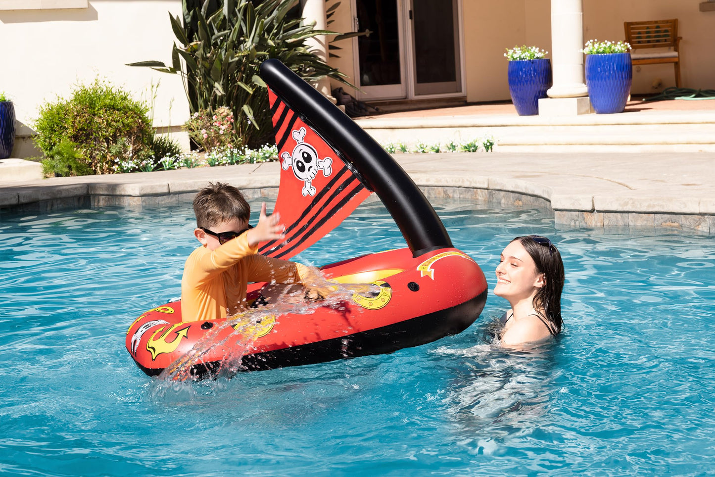 Poolmaster Inflatable Pirate Boat Pool Float for Kids, Baby Rider Boat with Seat, Pirate Ship Inflatable with Mast, Oar Locks and Rope Holders, Durable Vinyl Floatie for Pool, Lake or Beach
