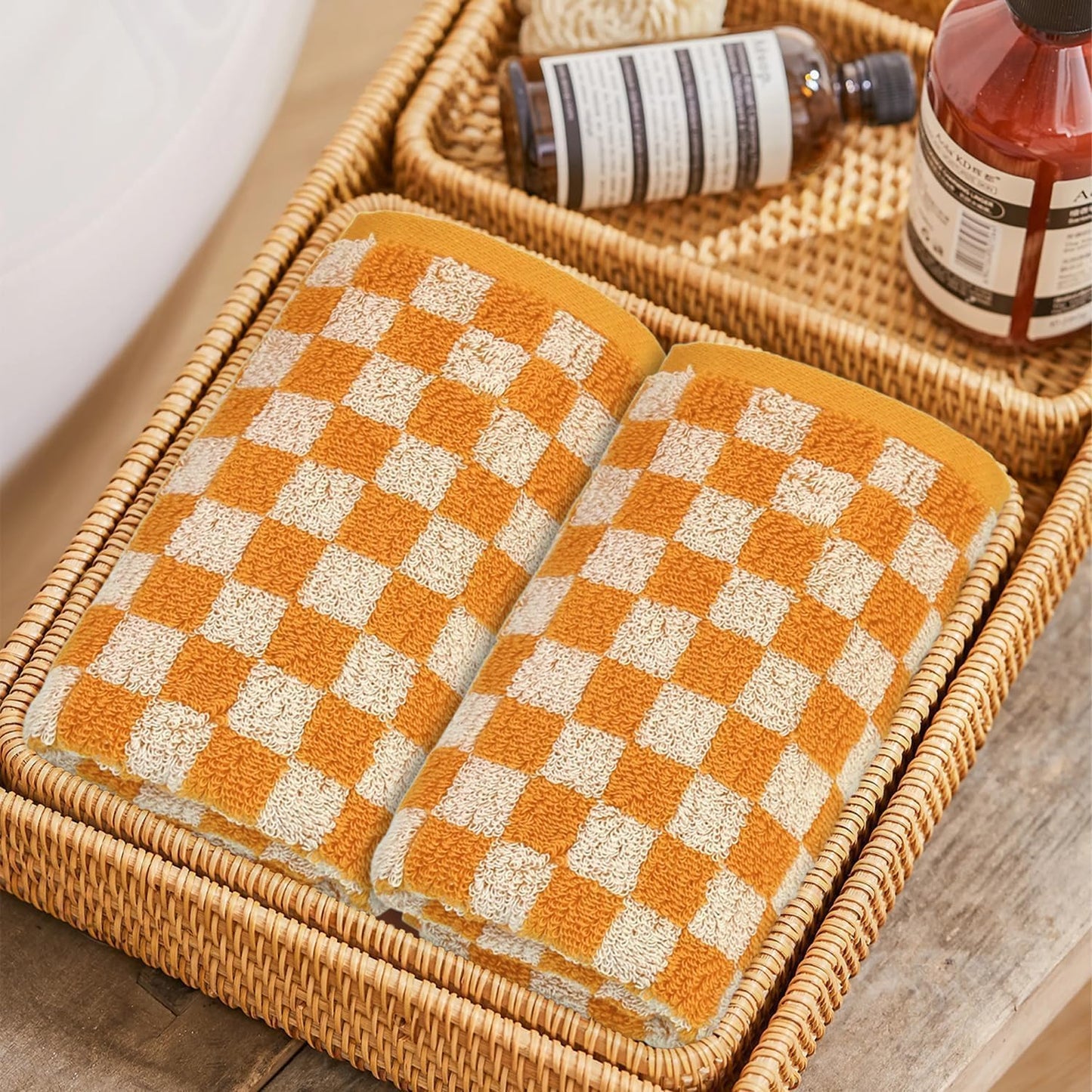 Jacquotha Soft Hand Towels 4 Pack, Orange Checkered Kitchen Towels Set, Decorative Bathroom Decor 13x29 Inches