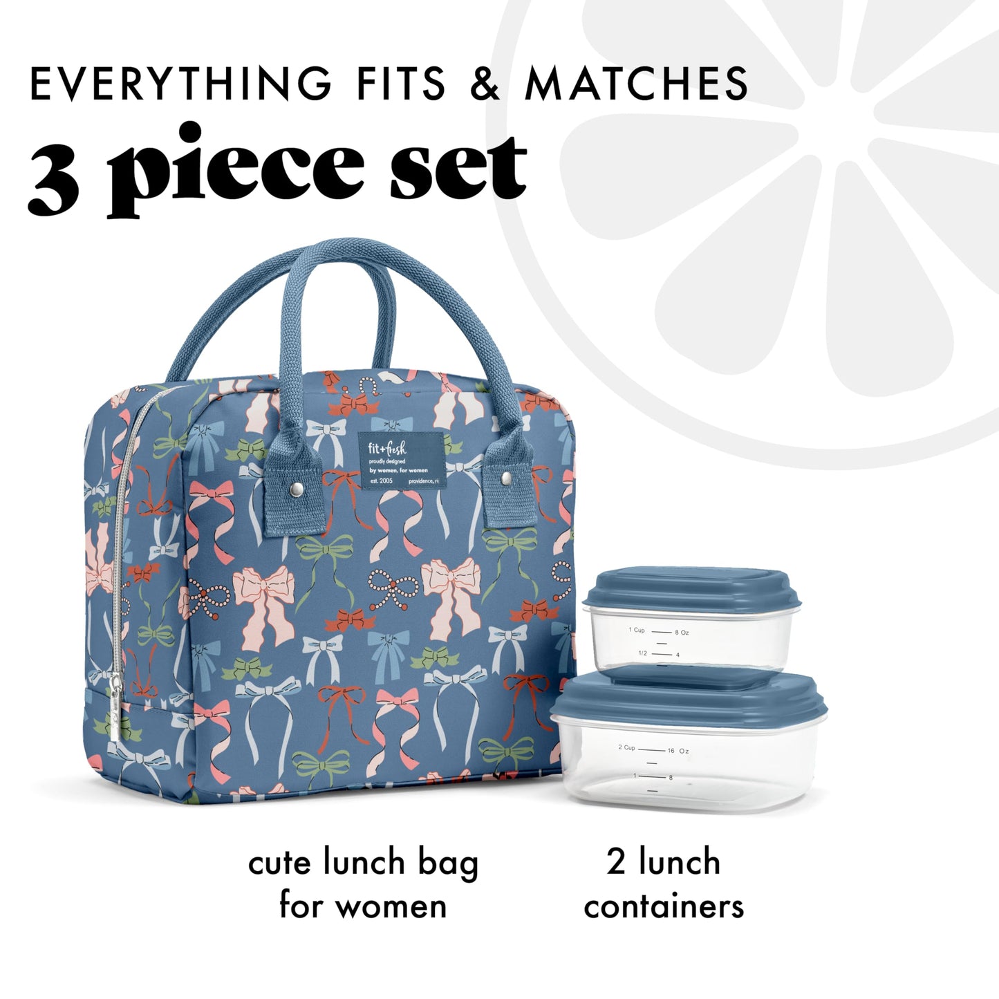 Fit & Fresh Bloomington Lunch Bag for Women - Insulated Large Lunch Box for Work with Containers, Leak-Resistant, Stain-Resistant, Zipper Closure, Denim Bows