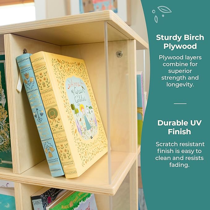 Guidecraft EdQ Kids Rotating Bookshelf: Natural Wood Revolving Bookcase - 360 Degree Spinning Book Shelf Tower with Acrylic Montessori Storage for Classroom, Bedroom and Playroom | Toy Organizer