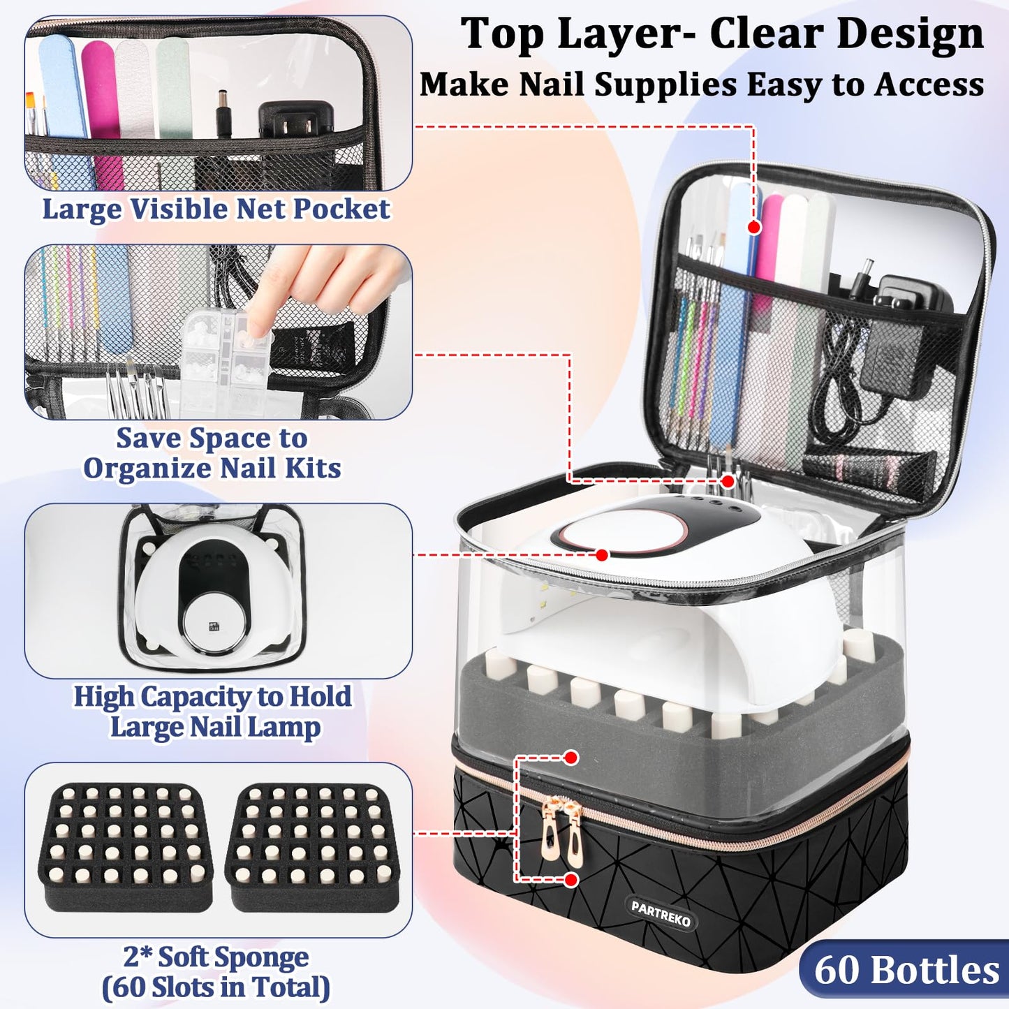 Partreko Clear Nail Polish Organizer Holds 60 Bottles (15ml/0.5fl.oz)& Nail Lamp, Double Layer Nail Supplies Organizer Case Transparent, PU Leather Nail kit Storage Bag for Manicure Tools (Black)