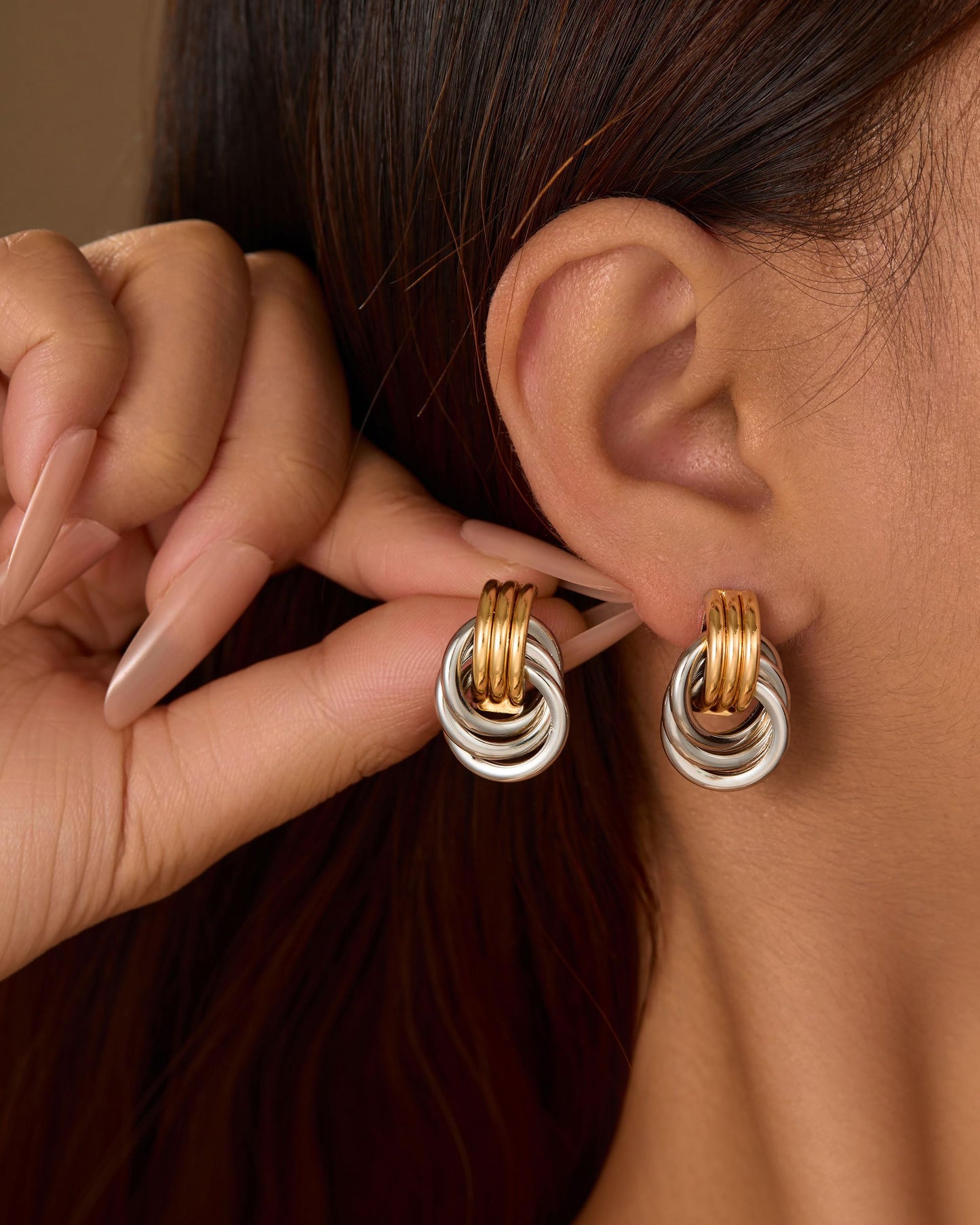 14K Gold Silver Earrings - Mixed Metal Knot Earring for Women, Trendy Two Tone Knotted Drop Statement Earring Jewelry