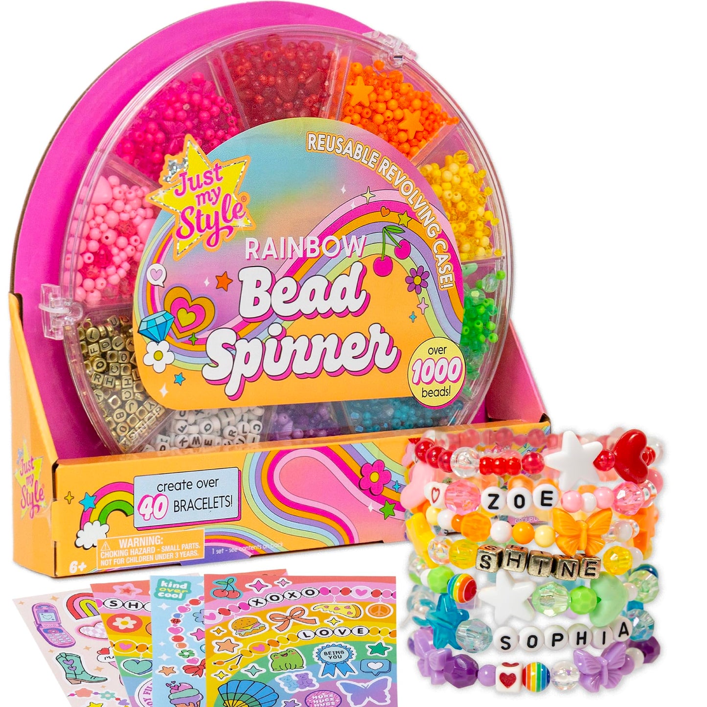 Just My Style Rainbow Bead Spinner, DIY Bracelet Making Kit with Swiveling Bead Case, Includes Over 1,000 Beads for Bracelet Making, Elastic, and More
