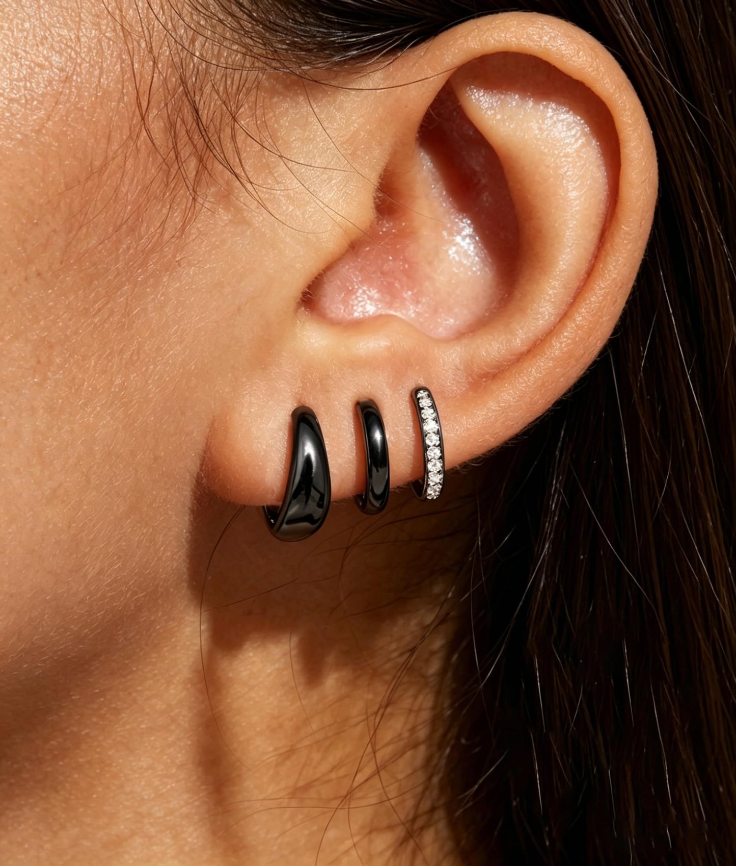 DORANA Black Earrings for Women Non Tarnish Small Huggie Earrings 925 Hypoallergenic Cartilage Stackable Sleeper Hoops Black Stacks Sets for Multiple Piercing,3 Pairs