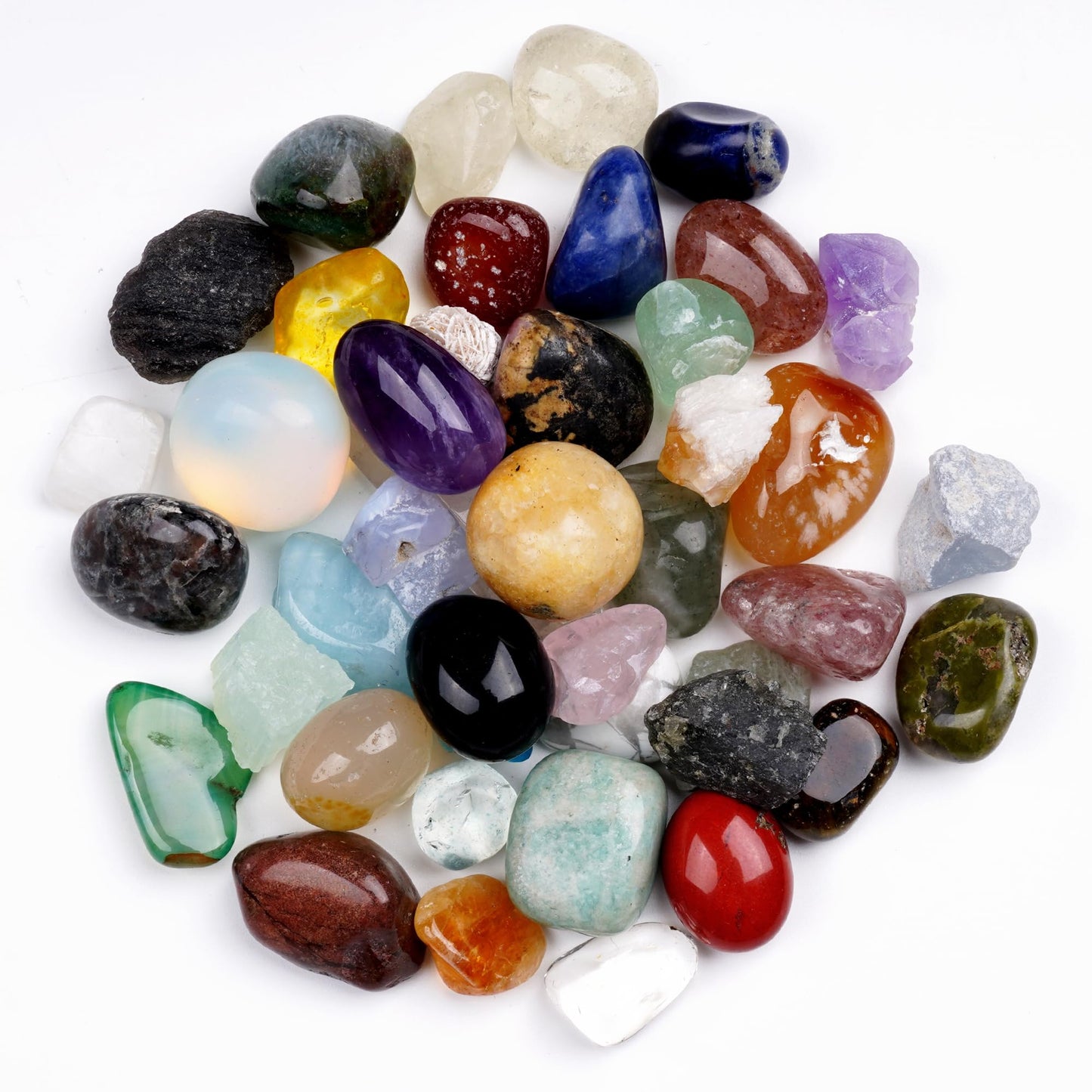 Natural Crystal Mineral Collection Kit - 43 Pcs Natural Rocks & Gemstones with Magnifying Glass, Pen & Crystal Guidebook, Geoscience Starter Collection Set for Kids & Adults Rock Enthusiasts