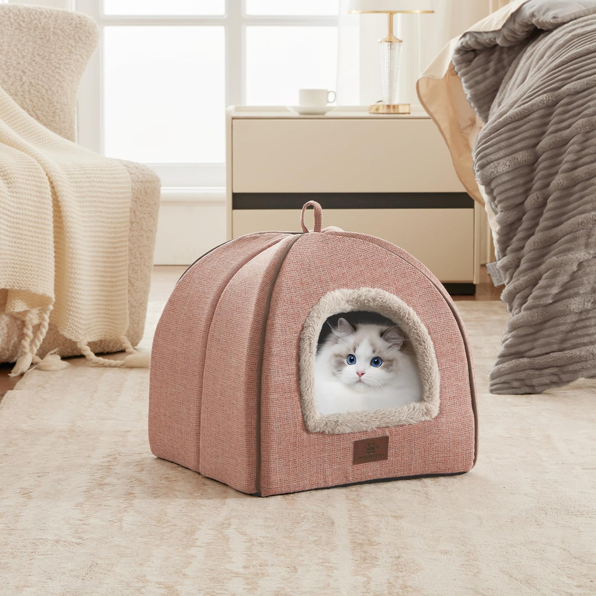 Cat Bed for Indoor Cats - Cat Cave Bed Cat House Cat Tent with Removable Washable Cushioned Pillow, Soft and Self Warming Kitten beds, Pet Bed（Large Grey）
