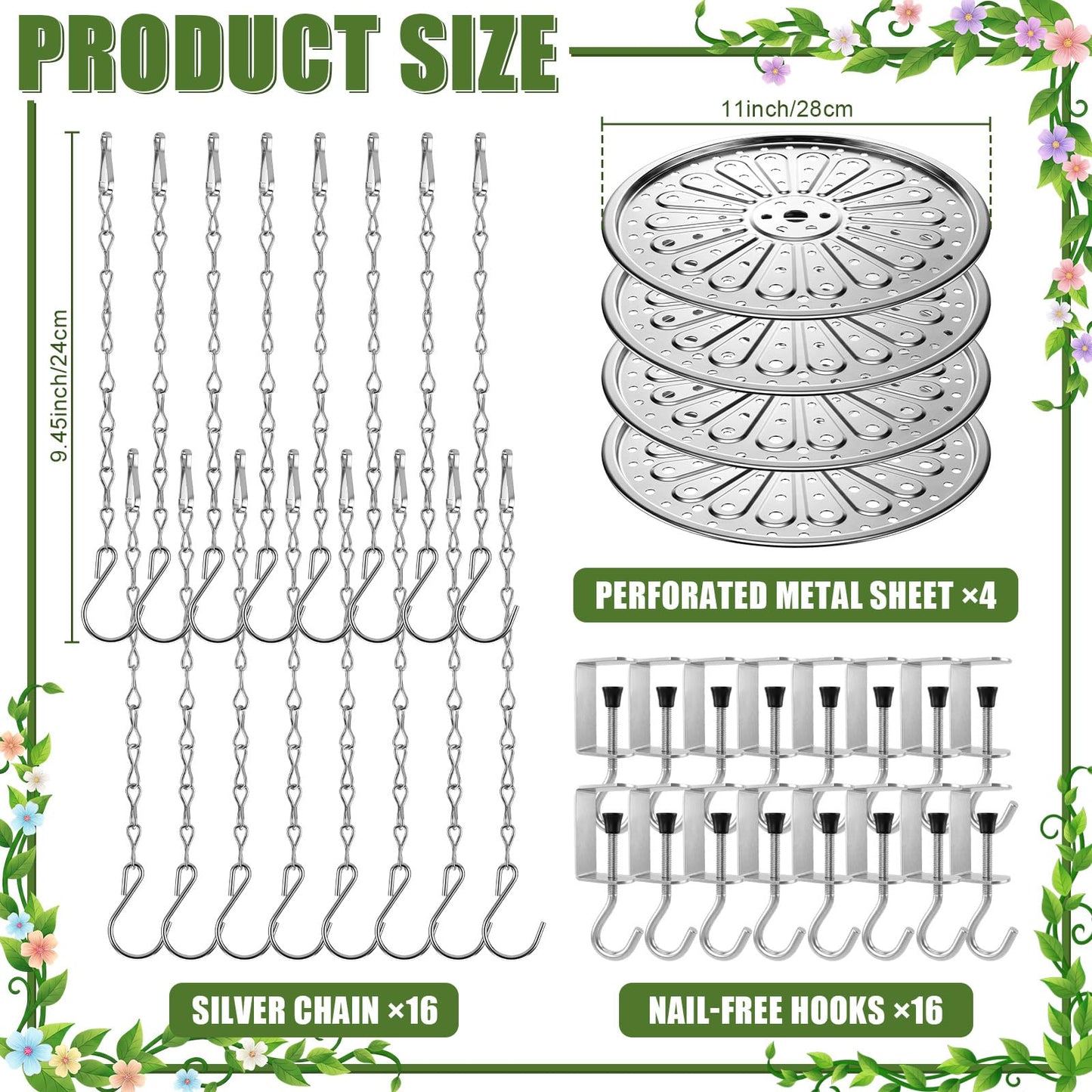 ElaraBerry 4 Set 11'' Adjustable Height Plant Inserts with Chain for Inside Pots Stainless Steel Plant Pot Insert Round Planter Filler Elevate Plants to Reduce Soil Usage for Large Tall Flower Pots