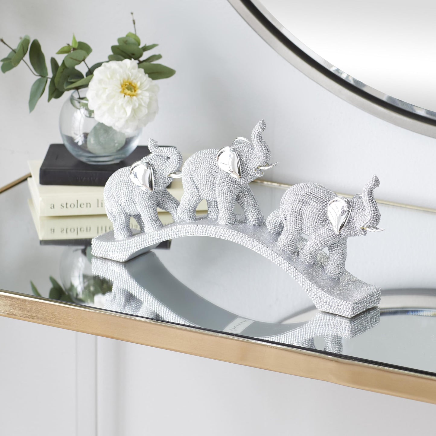 Deco 79 Polystone Elephant Decorative Sculpture Home Decor Statue, Accent Figurine 2" x 14" x 7", Silver