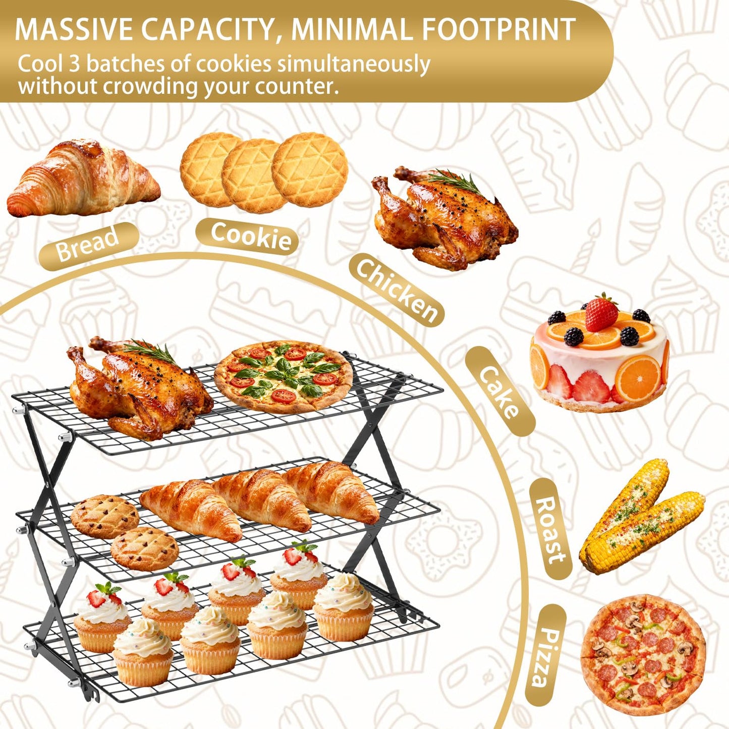 3-Tier Stackable Cooling Rack for Baking, Collapsible Wire Cookie Rack with Adjustable Heights, Non-Stick Roasting & Drying Rack for Cupcakes, Pies and Pastries, Space-Saving Kitchen Essential