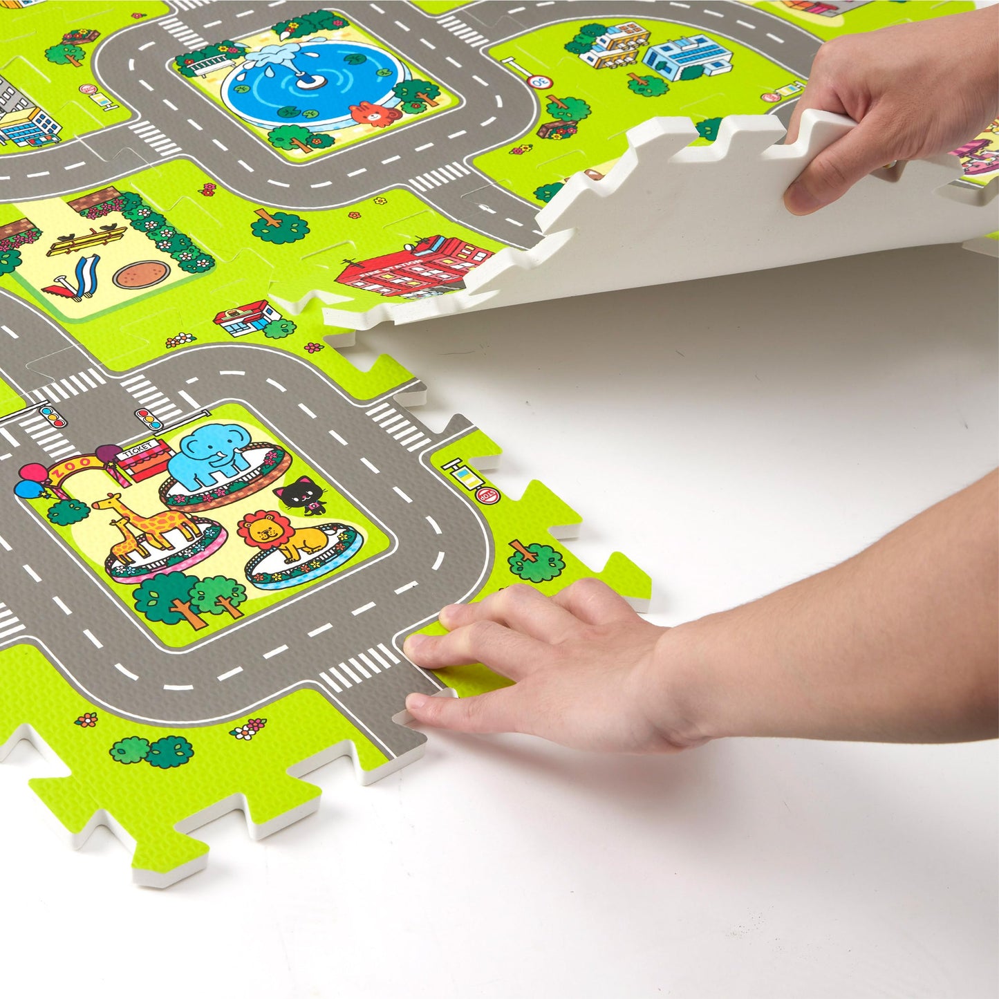 PLAY 10 Baby Play Mats for Floor, Foam Play Mat, Interlocking Foam Tiles City Road Track Puzzle Mat 9 Pieces