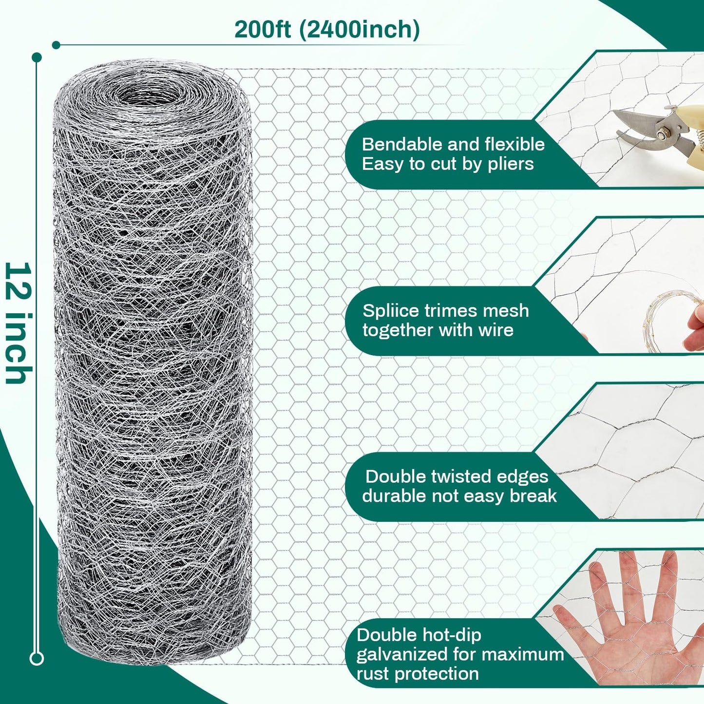 GlikCeil 12 in X 200 ft Chicken Wire Fencing Metal Floral Chicken Wire Mesh for Crafts Poultry Garden, 1 Inch Hexagonal Galvanized Hardware Cloth Netting for Poultry Coop Barrier Rabbit Cage (Silver)