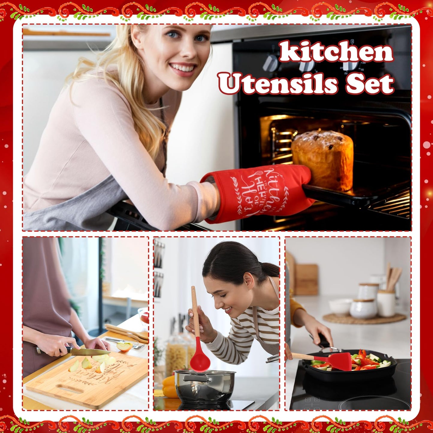 Widecook Christmas Kitchen Gifts Cooking Utensils Set with Holder Apron Pot Holders Oven Mitts Wooden Cutting Board Baking Gift Set Christmas Kitchen Cooking Tools for Baking Supplies Decoration