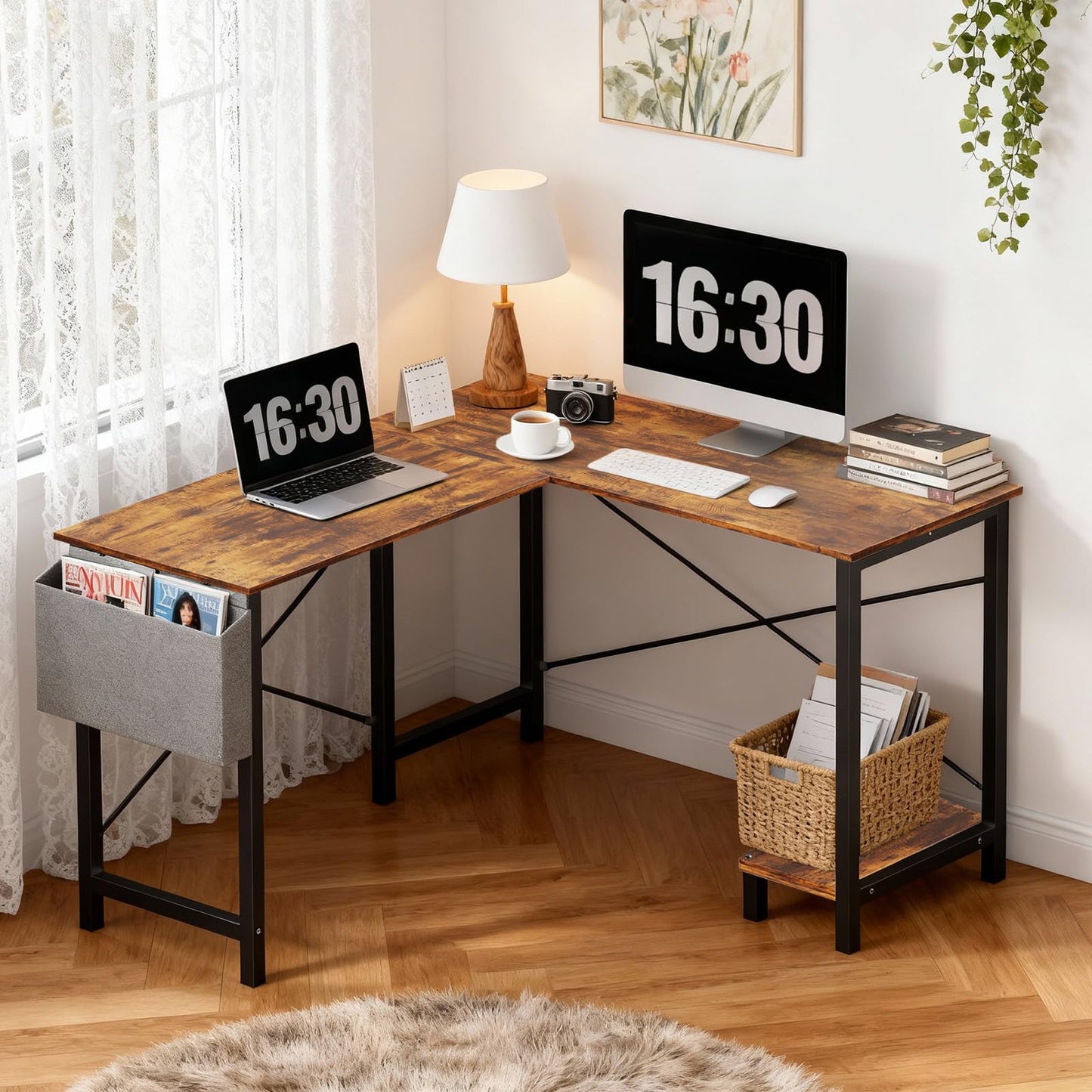 OLIXIS L Shaped Desk, 50-Inch Office Computer Gaming Desks Corner PC Table with Side Bag and Reversible Shelf for Home Work Study Writing Rustic Brown