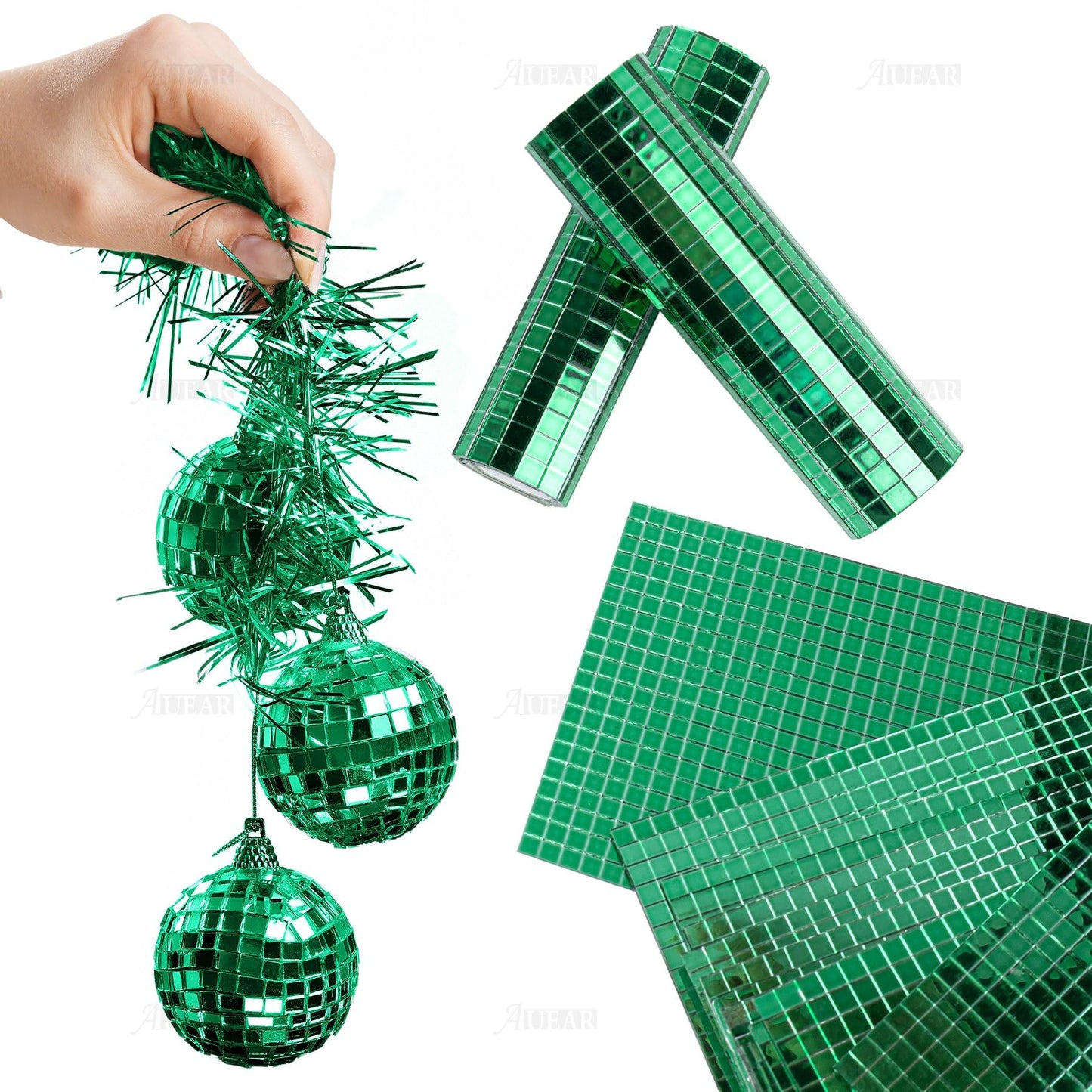 AUEAR, 18 Pack Self Adhesive Glass Mirror Mosaic Wall Tiles Sheet Sticker Disco Ball for DIY Craft Green