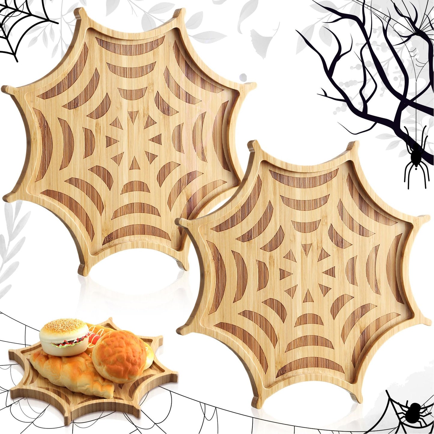 Sintuff 2 Pcs Halloween Charcuterie Board Funny Bamboo Wood Cheese Platter Tray Dinnerware Cookware Serving Tray Plates for Candy Cookie Home Party (Web, 12 x 12 x 0.8 Inch)