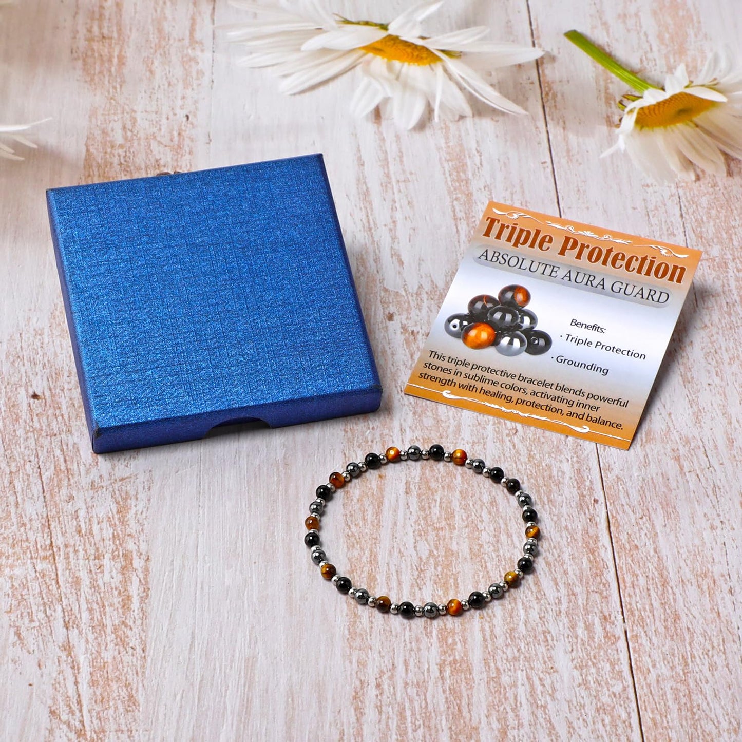 QOGIR Triple Protection - Onyx Hematite Tiger - Stainless Silver Beads Natural Gemstone Stretch Elastic Dainty Healing Beaded Bracelets Gifts 4mm