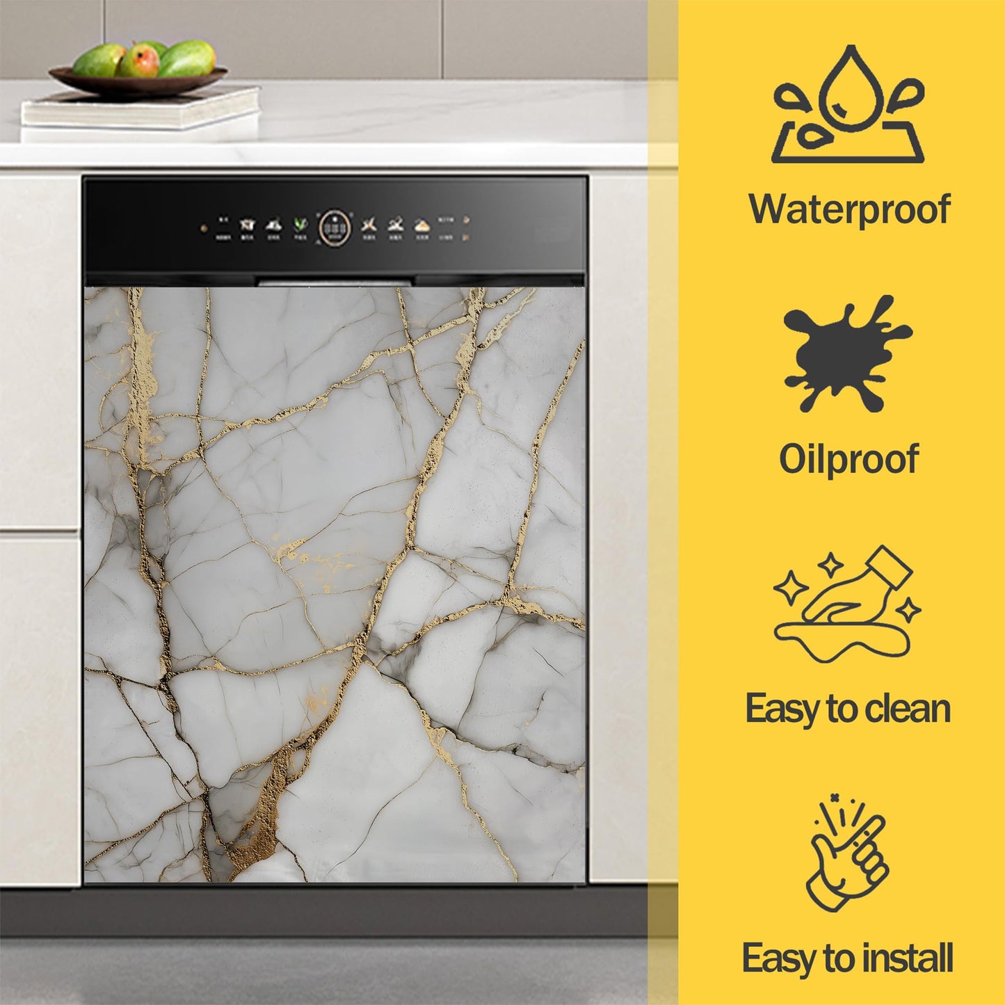 Texture Marble Dishwasher Magnet Cover,Gold White Kitchen Decor Waterproof Refrigerator Magnet Sticker Appliance Cover Protector,23Wx26H Inches