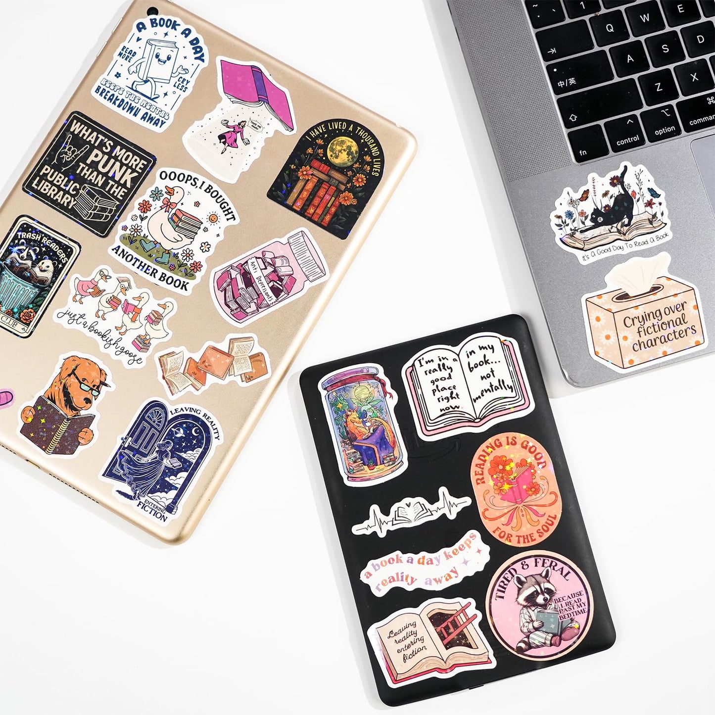 300 PCS Book Stickers for Kindle, Bookish Sticker Pack Reading Glitter Waterproof Vinyl Decals for Laptop, Ebook Readers, Water Bottles, Phone, Journal, Scrapbook, No Repeats (Holographic)