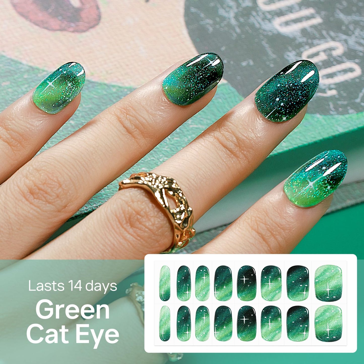 MIZHSE Semi Cured Gel Nail Strips, Green Cat Eye 30PCS Gel Nail Wraps, Stickers, UV Light Required, Salon Quality, Long Lasting Easy to Apply & Remove - Includes 2 Prep Pads, Nail File & Wooden Stick