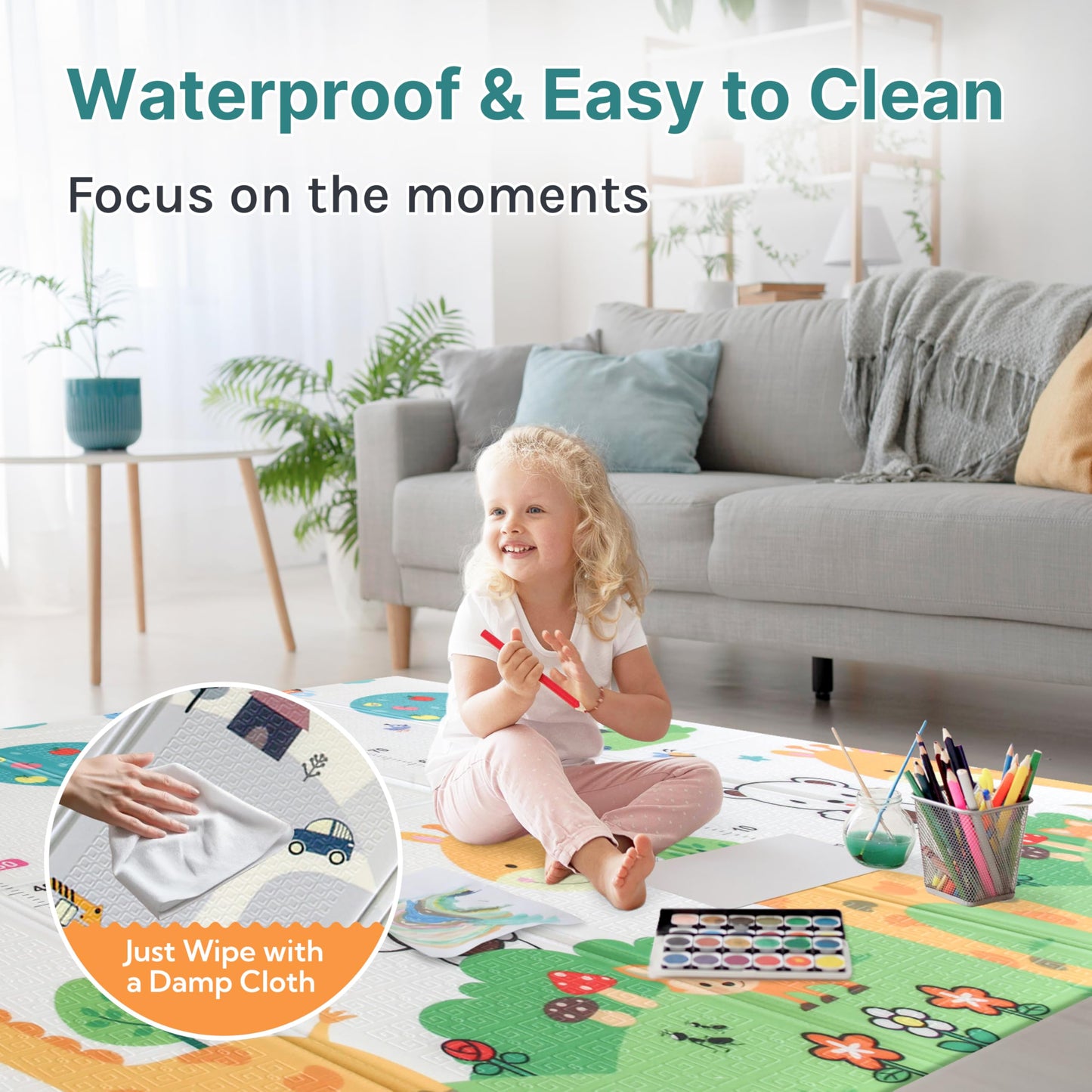Wiltology playmat, Foldable Baby Play Mat, Extra Large, Non-Toxic, Waterproof Activity Playmats for Babies, Education for Infant, Non-Slip Double Sided (79”x71” 0,4in Olive) boy and Girl