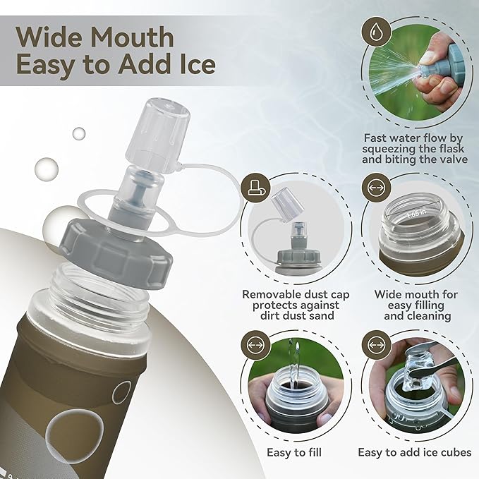 MARCHWAY Soft Hydration Flask with Wide Mouth, 300ml/500ml Collapsible TPU Water Bottle, Leakproof Portable Flexible for Running, Hiking, Cycling, Climbing, Gym, Travel (2pcs Grey 300ml)