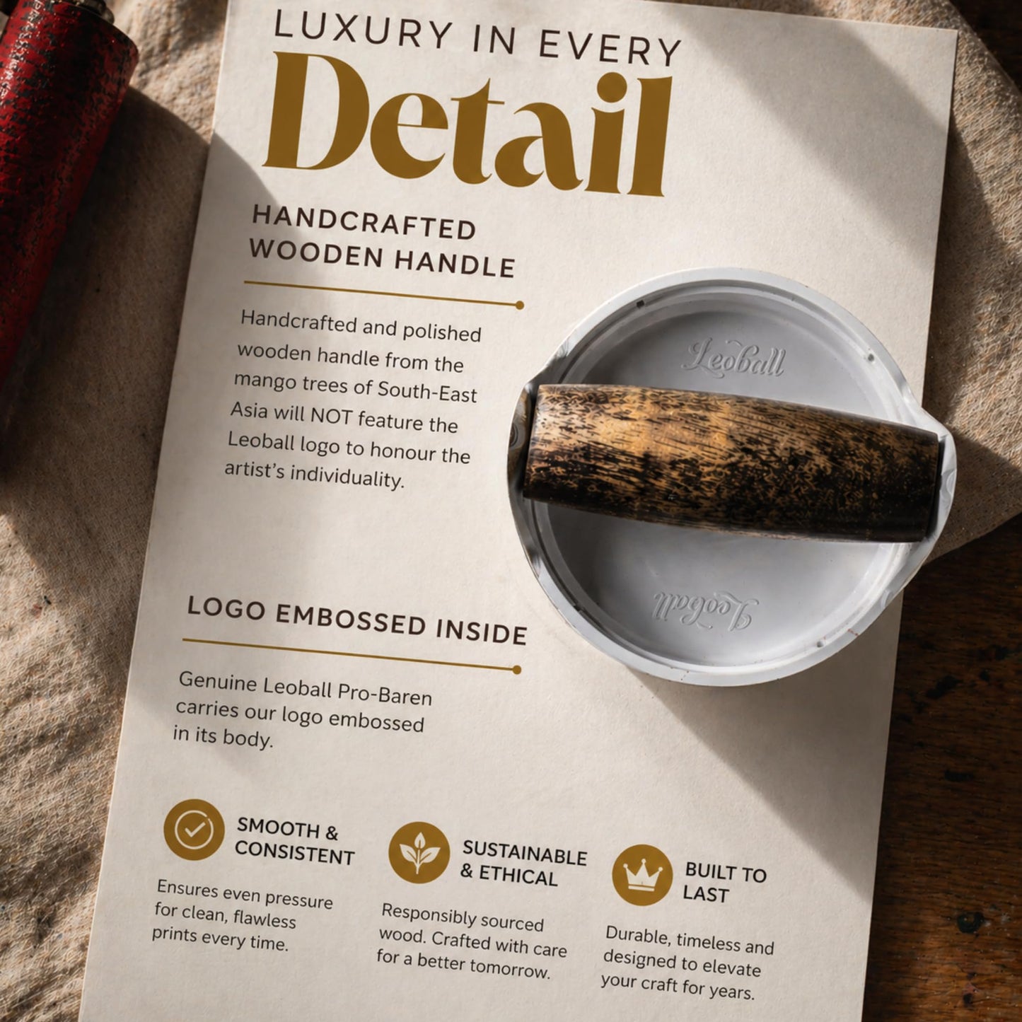Leoball® Block/Gel Printing Baren– with 3 Layer Tech: Soft Foam Layer Covered in Smooth Nitex Nylon Along with Smooth-Glide Plastic Film. Features Comfortable Wooden Handle. Pro Baren - 4 inches