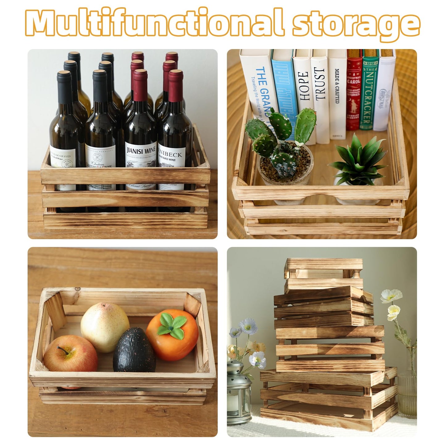 MACVAD Set of 4 Large Torched Wood Decorative Storage Crates, Nesting Wooden Crates for Display Rustic, Farmhouse Wooden Storage Container Boxes Made from 100% Wood