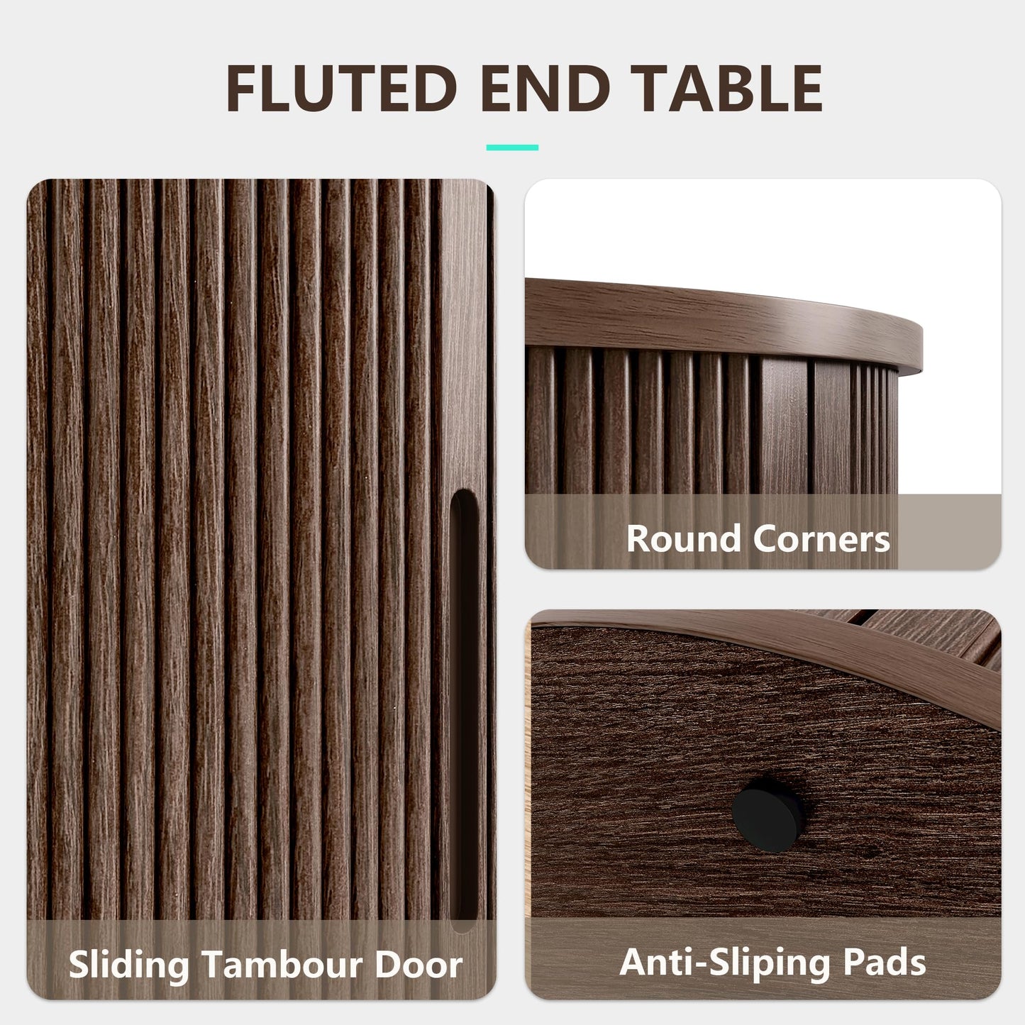 LINSY HOME Round End Table, Fluted Side Table with Sliding Tambour Door and Storage Shelf, Mid Century Modern Circular Nightstand for Bedroom, Wood Boho Tall Bedside Cabinet for Small Space, Walnut