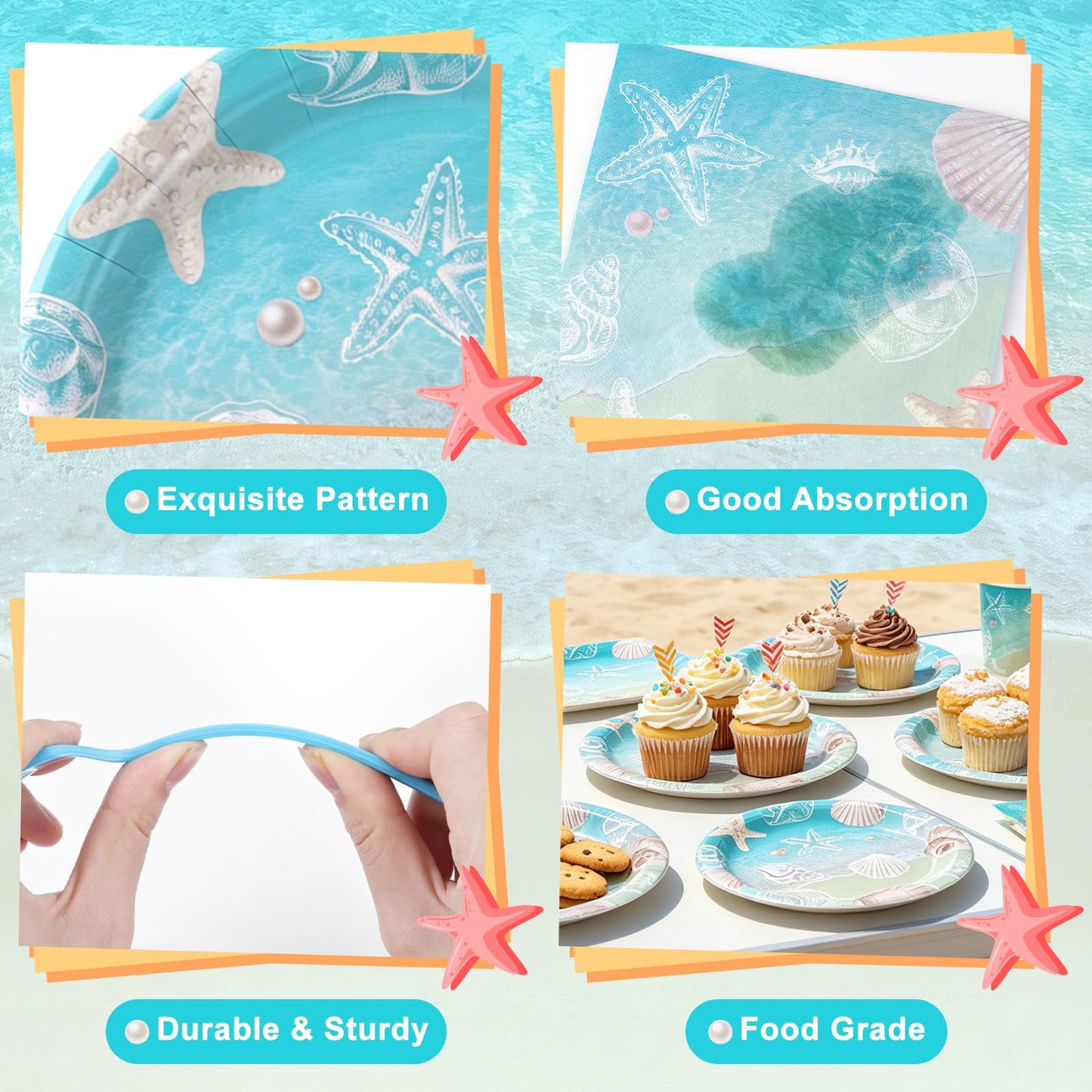 Miucat Seashell Beach Party Decorations, Ocean Seashell Plates and Napkins Party Supplies, Tableware Set for Summer Beach Birthday Party, Baby Shower, Serves 24