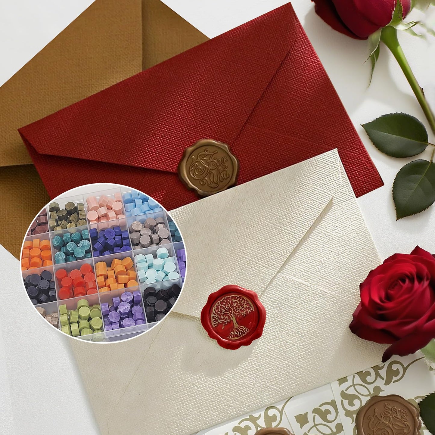 xxxHOLIC Wax Seal Kit with Copper Stamp – 624 Beads in 24 Colors, Smokeless & Crack-Resistant Wax Seal Set with Melting Station & Gilding Pens for Wedding Invitations & Gift Wrapping