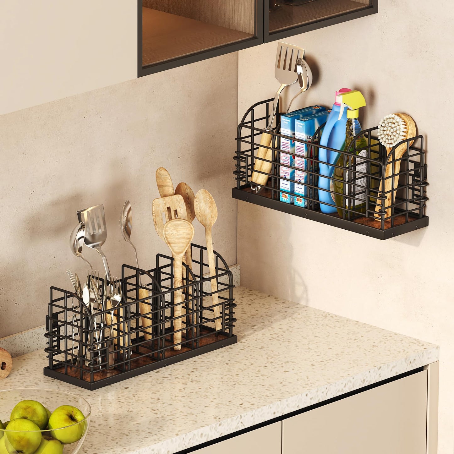 Large Utensil Holder for Kitchen Counter, Wall Mounted Cooking Utensil Holder with 4 Adjustable Compartments, Countertop Caddy, Kitchen Organizer for Countertop, Pantry, Party, Rustic Black and Brown