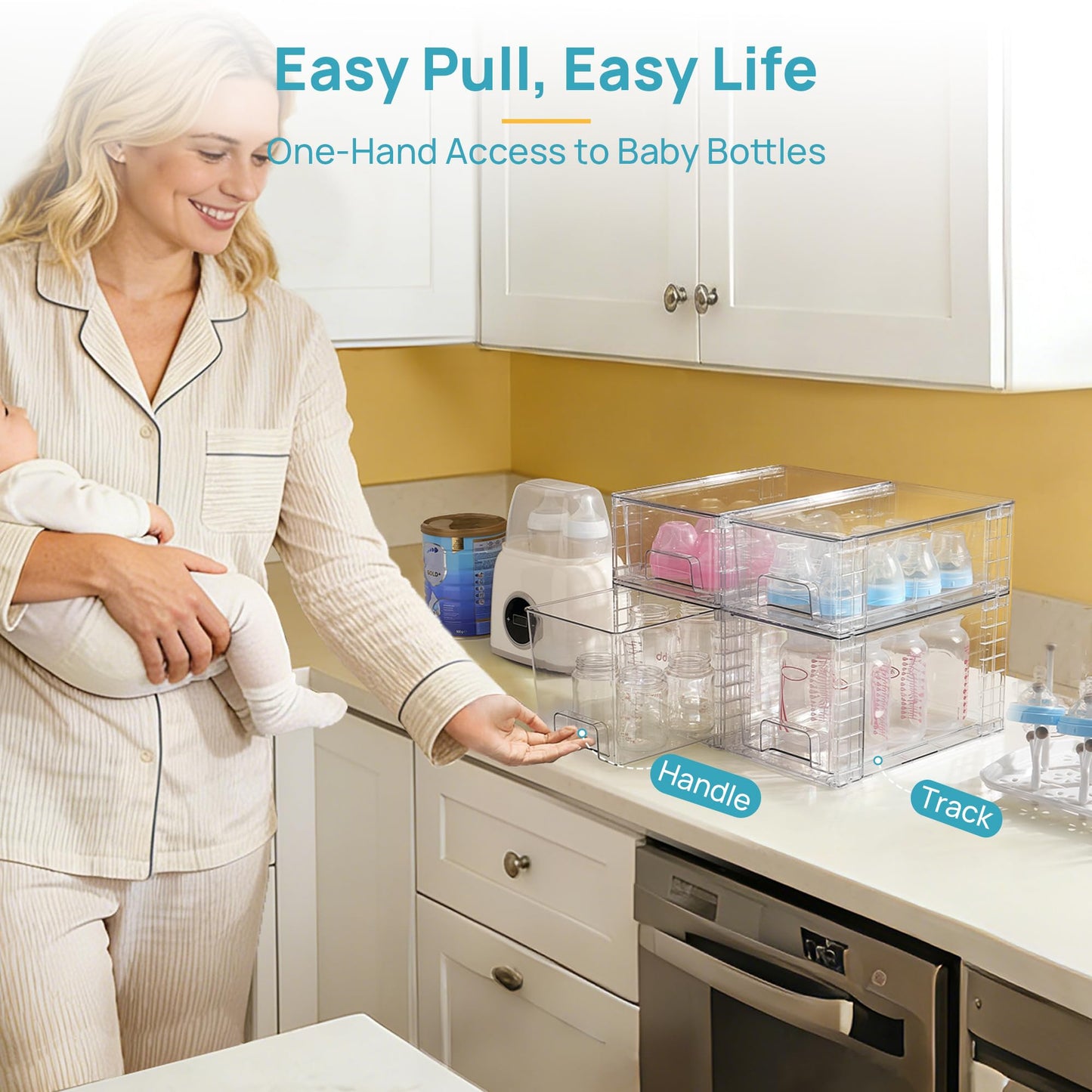 Vtopmart 4 Pack Clear Stackable Storage Drawers,Under Sink and Kitchen Organizers Storage,Easy to Assemble Plastic Drawers for Baby Bottle,Medicine, Bathroom,Cabinet and Pantry Organization