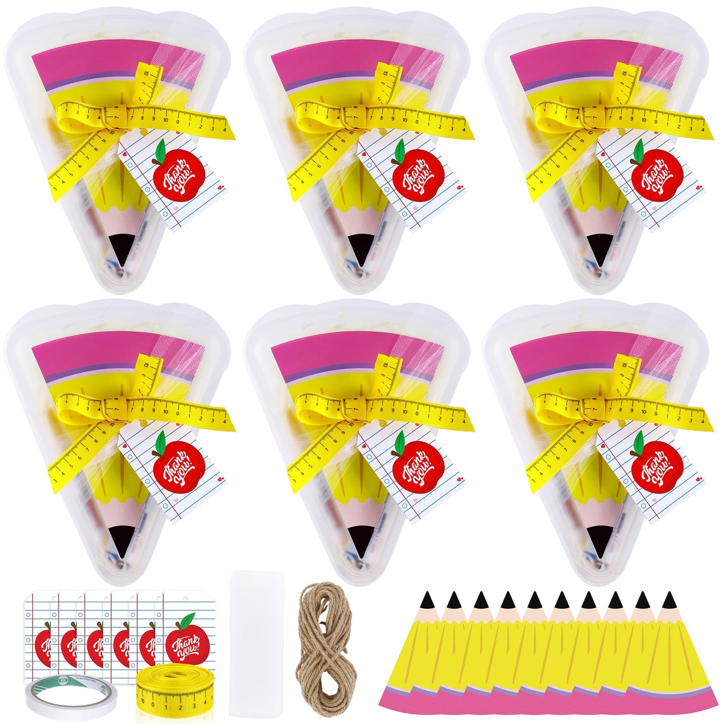6 Set 9.05*7.28 in Large Teacher Appreciation Gifts Box with Apple Cards Ruler Ribbon Mesh, Reusable Pizza Storage Containers with Lids, Pencil Shaped Gift Box for Wrapping Teacher Appreciation