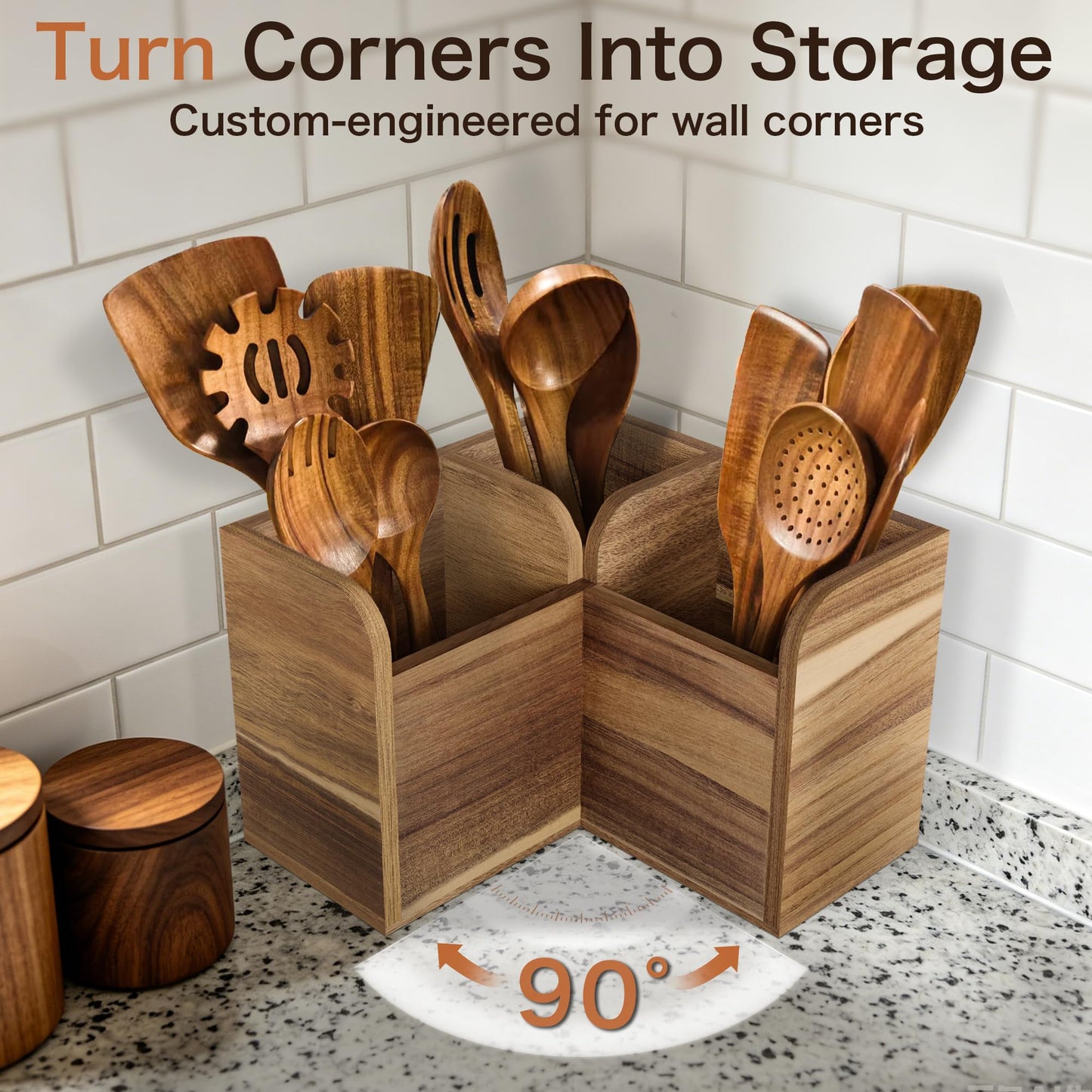 Vorisebo Acacia Wood Kitchen Utensil Holders for Countertop, Wooden Corner Utensils Holder with 3 Compartment, Farmhouse Utensil Caddy for Storage Cooking and Silverware, Opened Up Counter Space